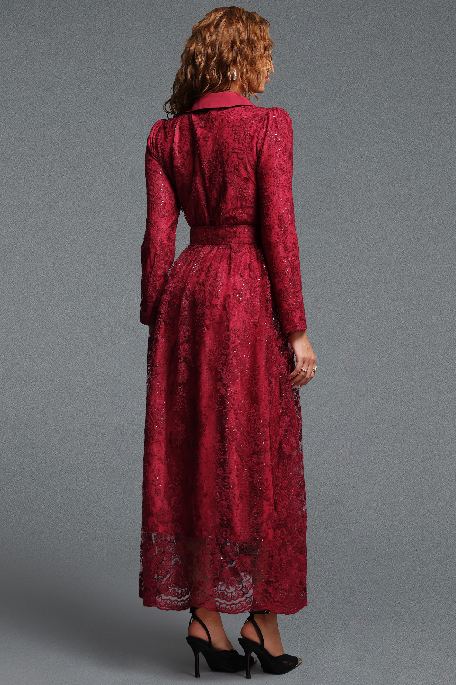 Icey Elegant Tailored Lapel Long Sleeve Floral Lace Maxi Dress