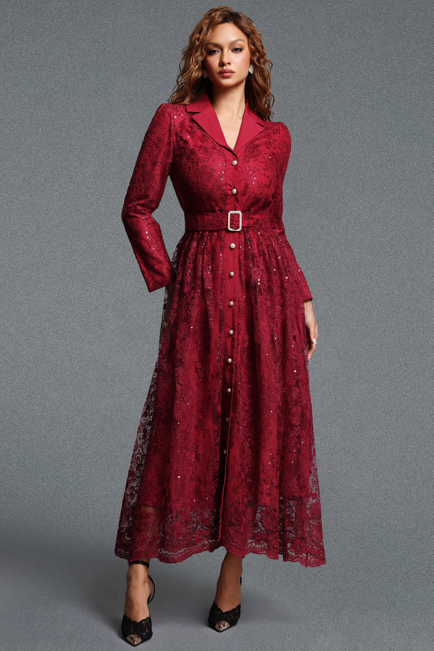 Icey Elegant Tailored Lapel Long Sleeve Floral Lace Maxi Dress