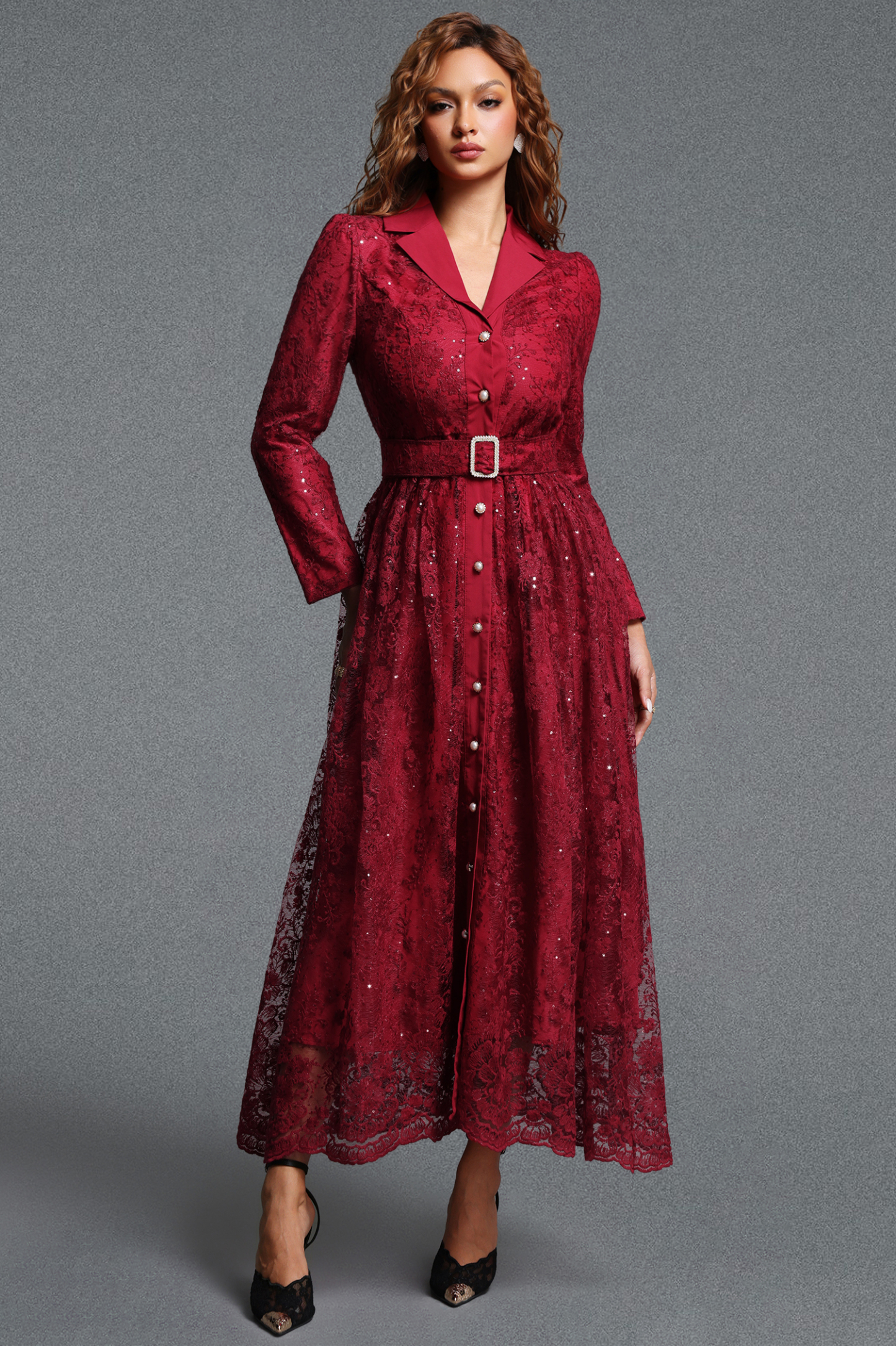 Icey Elegant Tailored Lapel Long Sleeve Floral Lace Maxi Dress