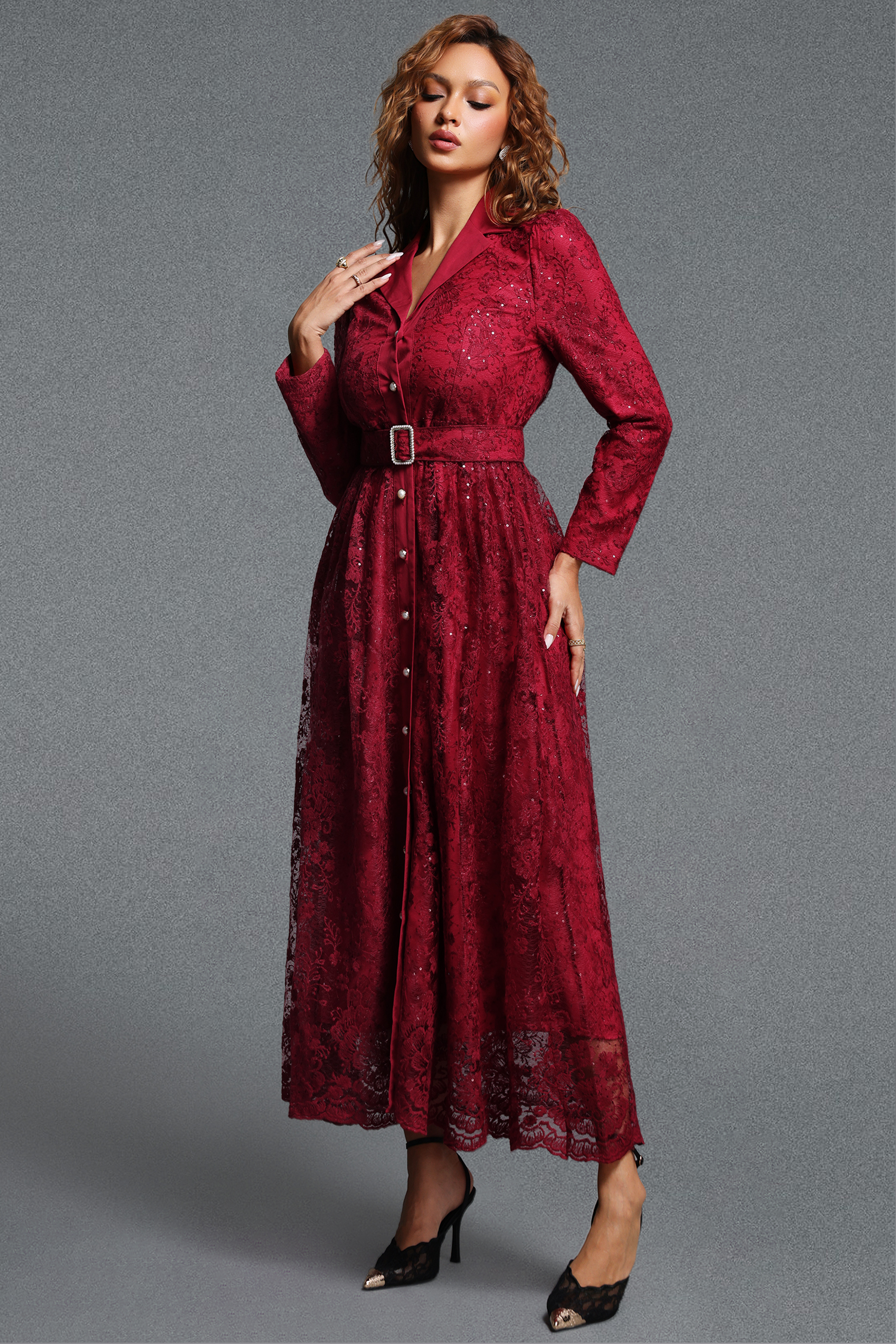 Icey Elegant Tailored Lapel Long Sleeve Floral Lace Maxi Dress