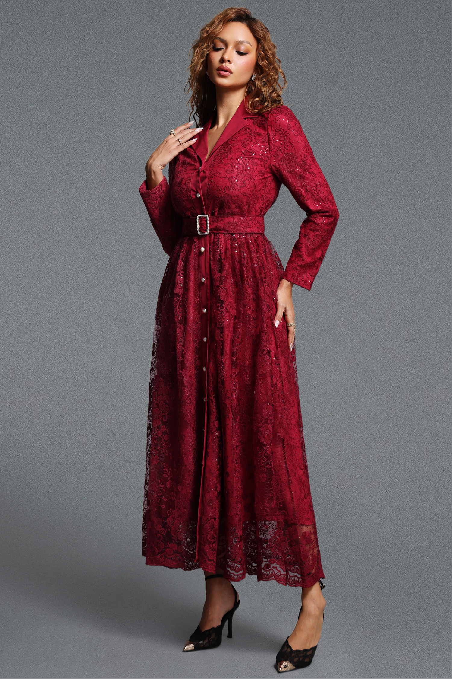 Icey Elegant Tailored Lapel Long Sleeve Floral Lace Maxi Dress