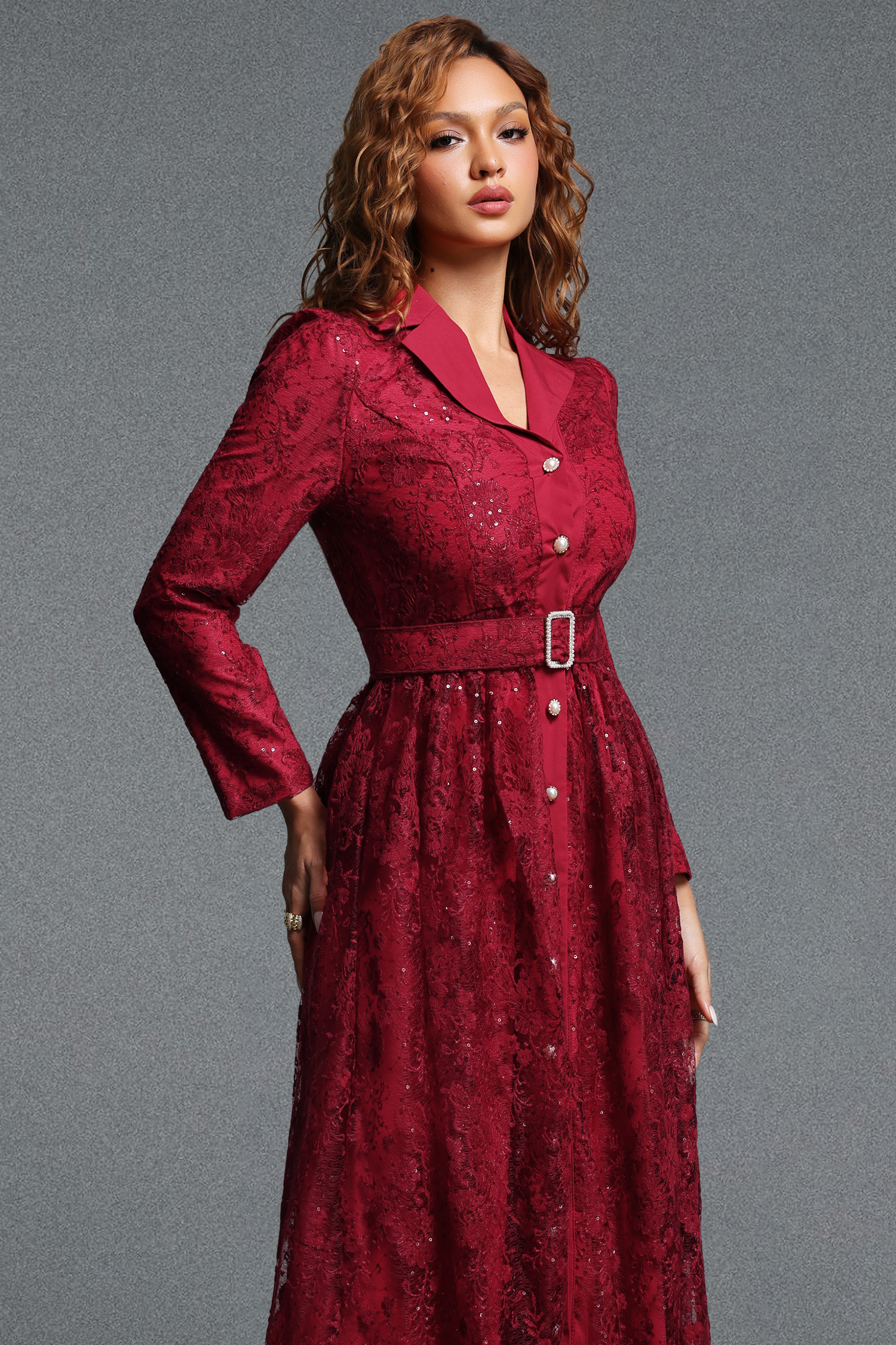 Icey Elegant Tailored Lapel Long Sleeve Floral Lace Maxi Dress