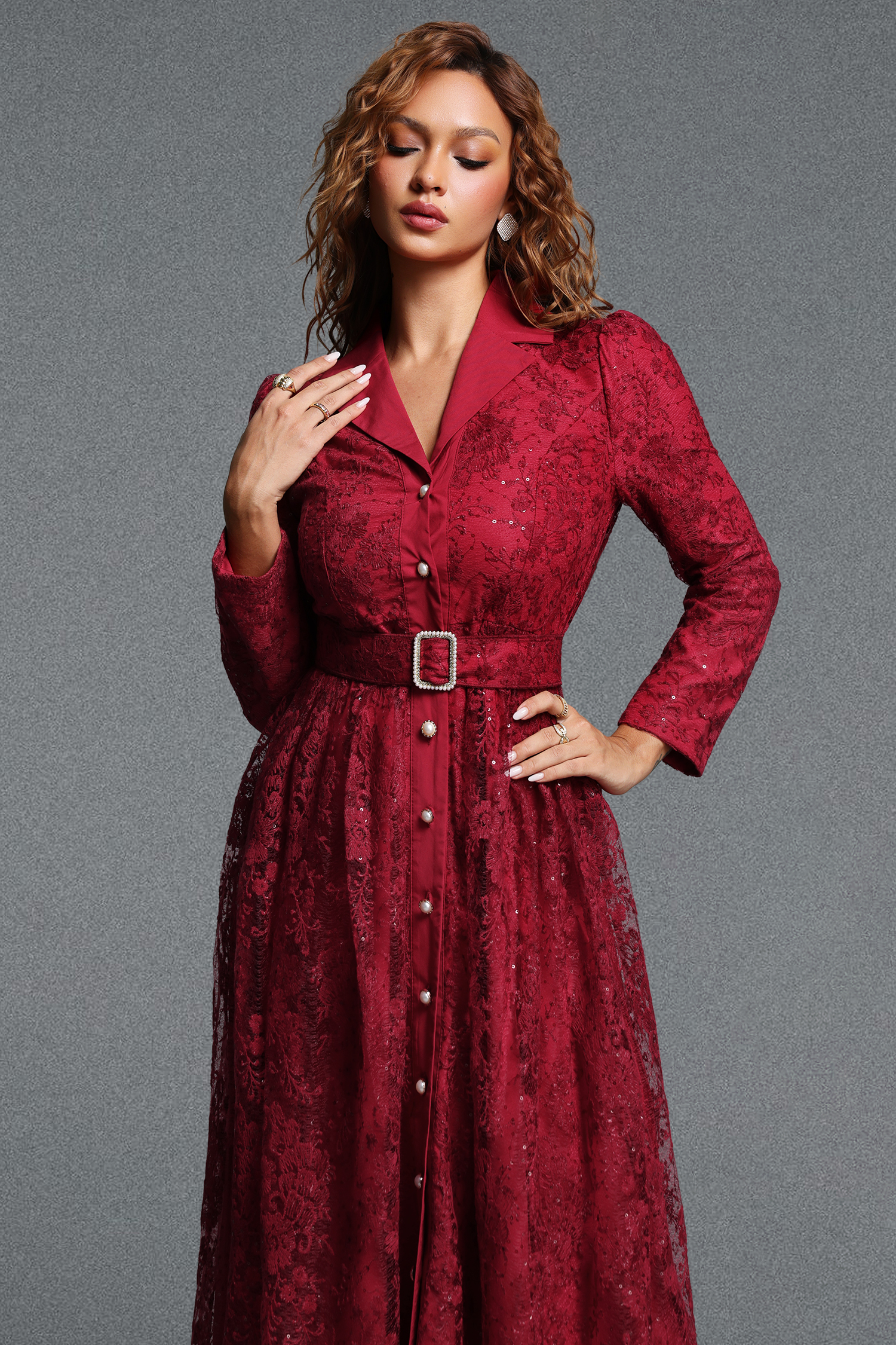 Icey Elegant Tailored Lapel Long Sleeve Floral Lace Maxi Dress