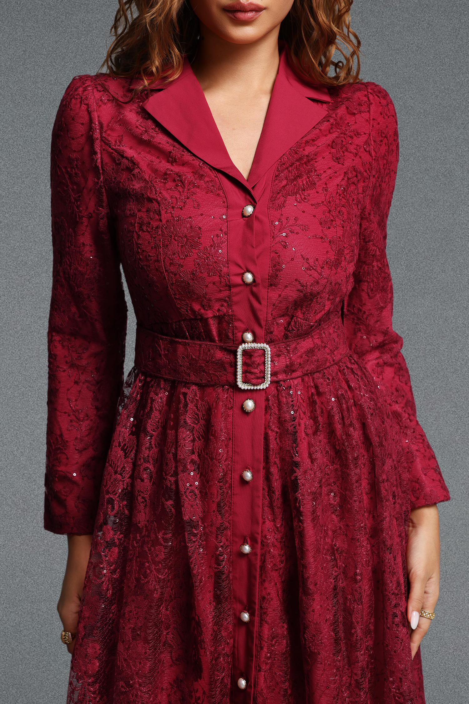 Icey Elegant Tailored Lapel Long Sleeve Floral Lace Maxi Dress
