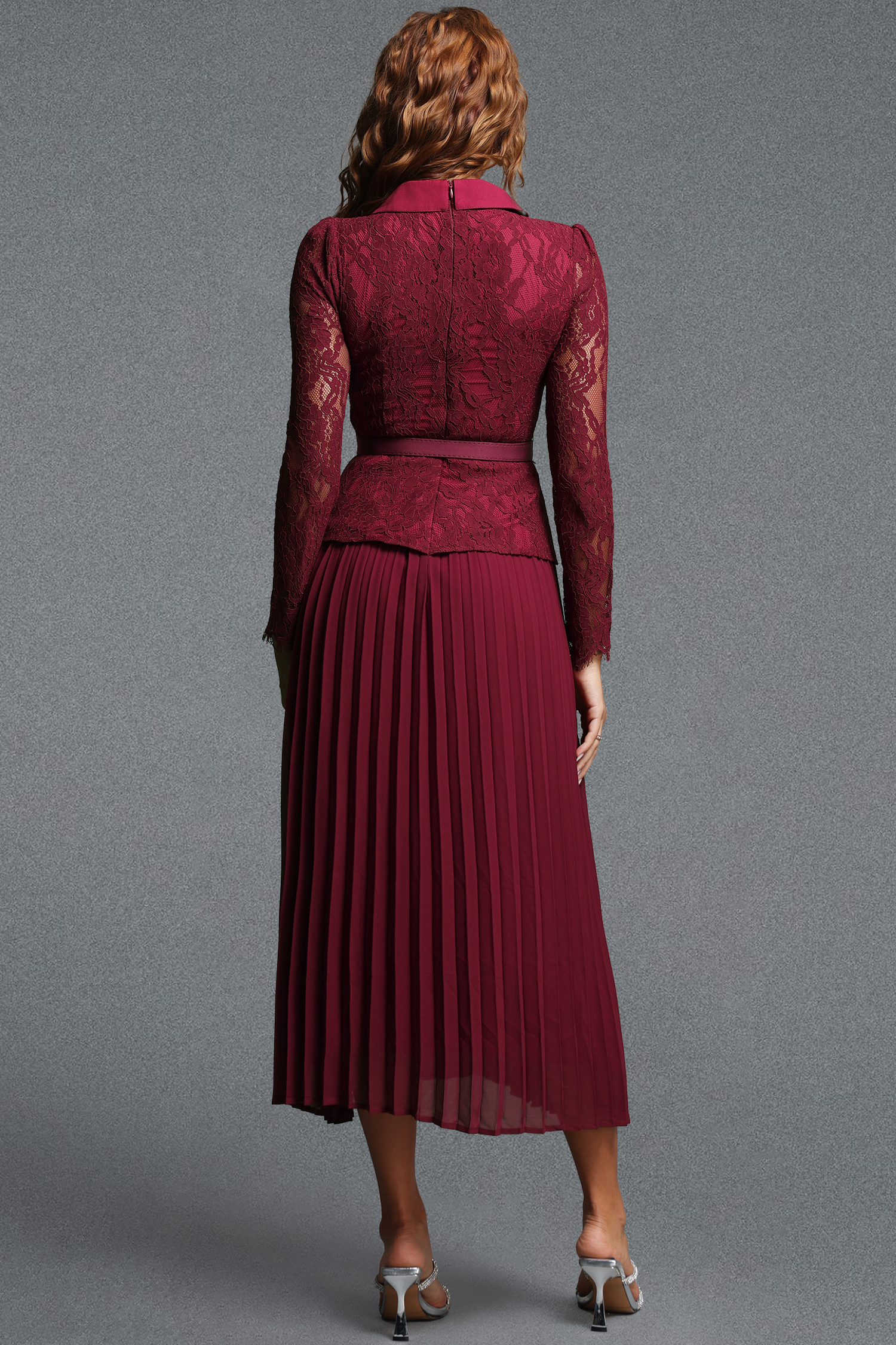 Elsa Vintage Tailored Lapel Long Sleeve Lace Spliced Pleated Chiffon Maxi Dress