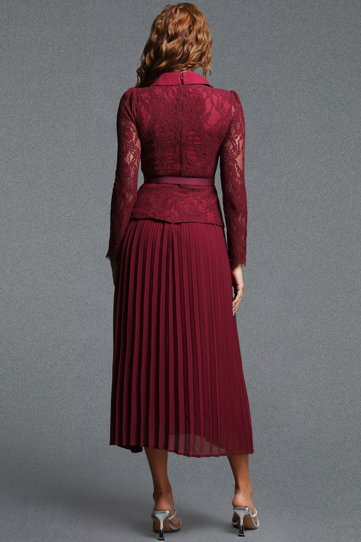 Elsa Vintage Tailored Lapel Long Sleeve Lace Spliced Pleated Chiffon Maxi Dress