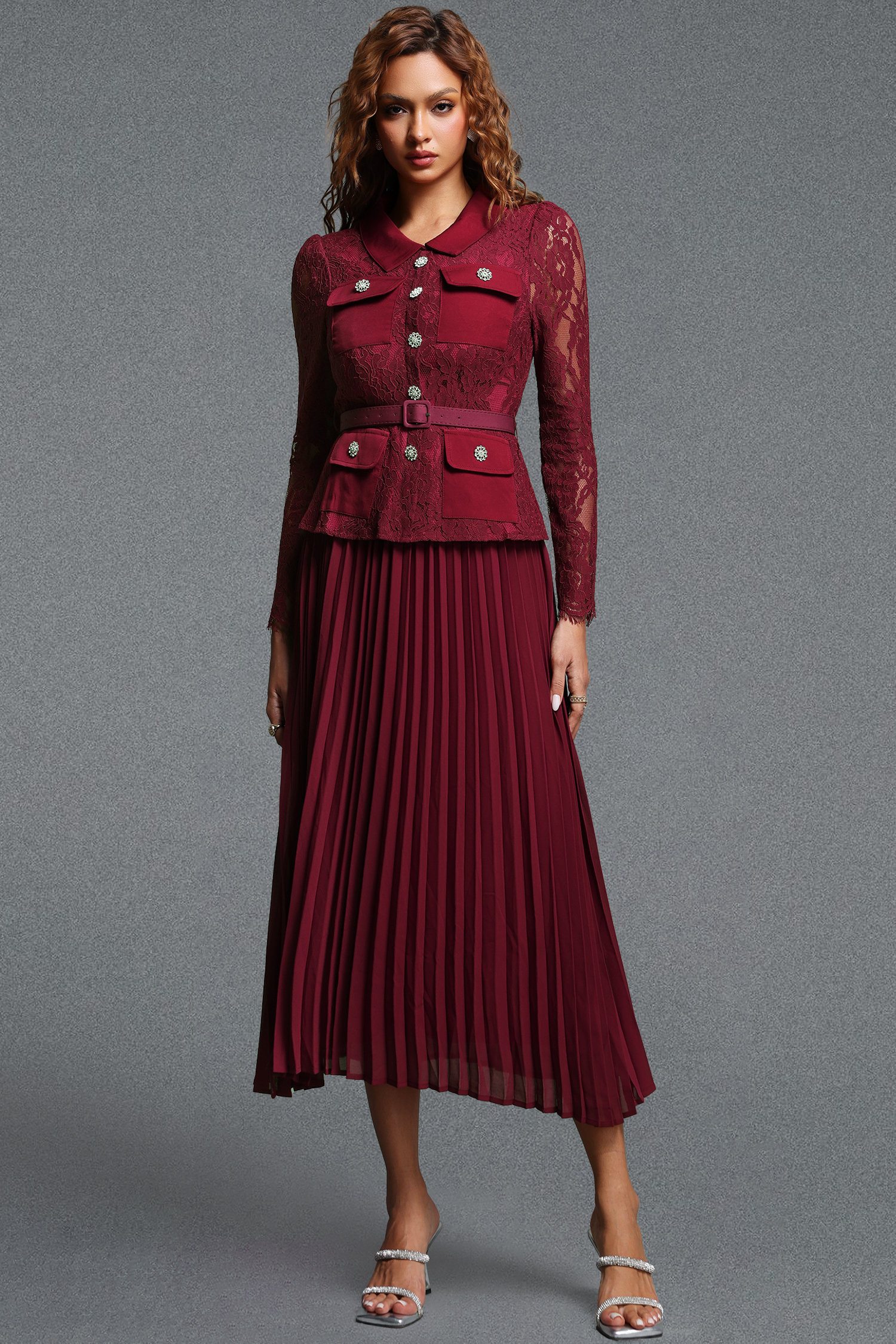 Elsa Vintage Tailored Lapel Long Sleeve Lace Spliced Pleated Chiffon Maxi Dress