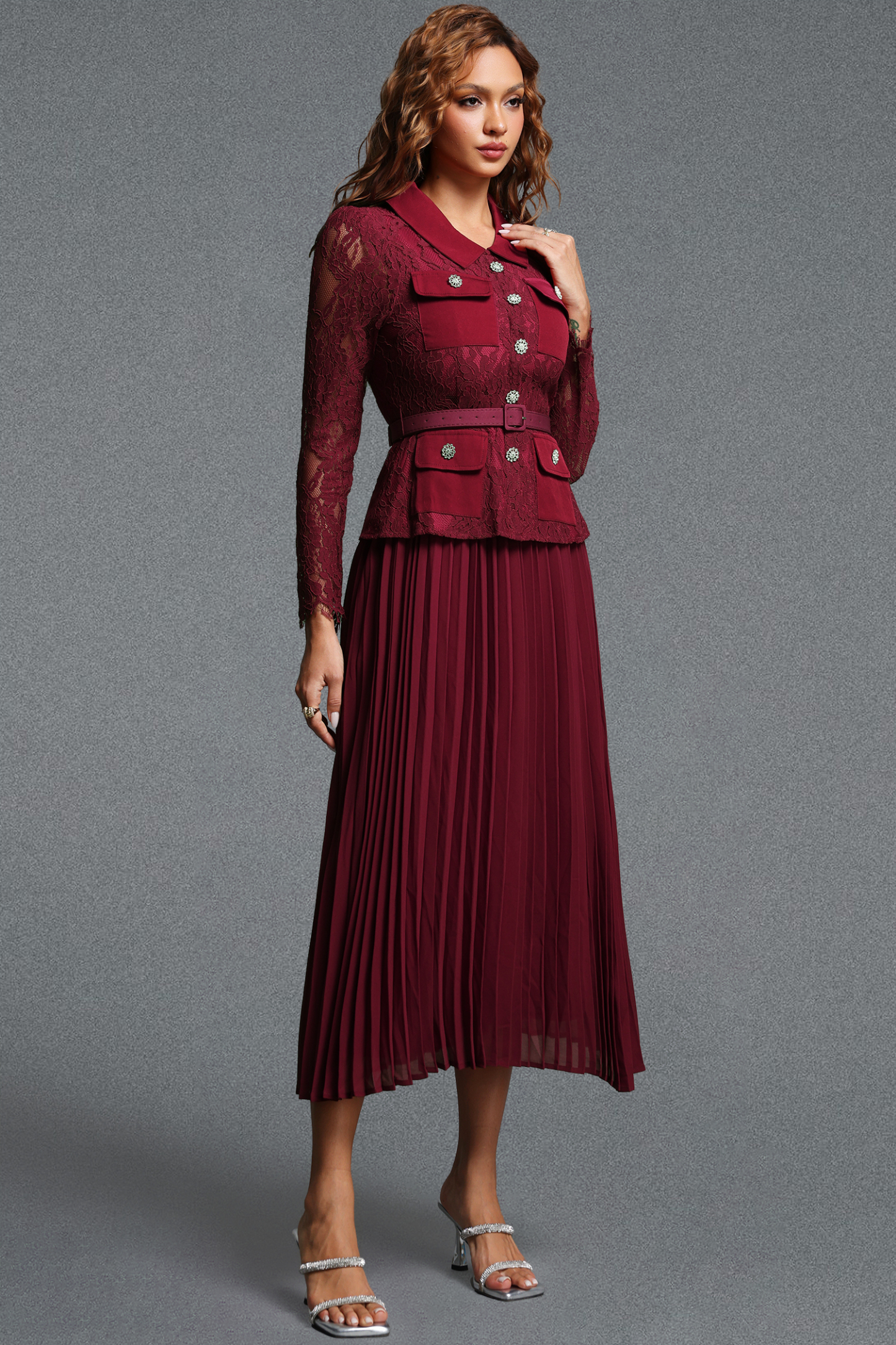 Elsa Vintage Tailored Lapel Long Sleeve Lace Spliced Pleated Chiffon Maxi Dress