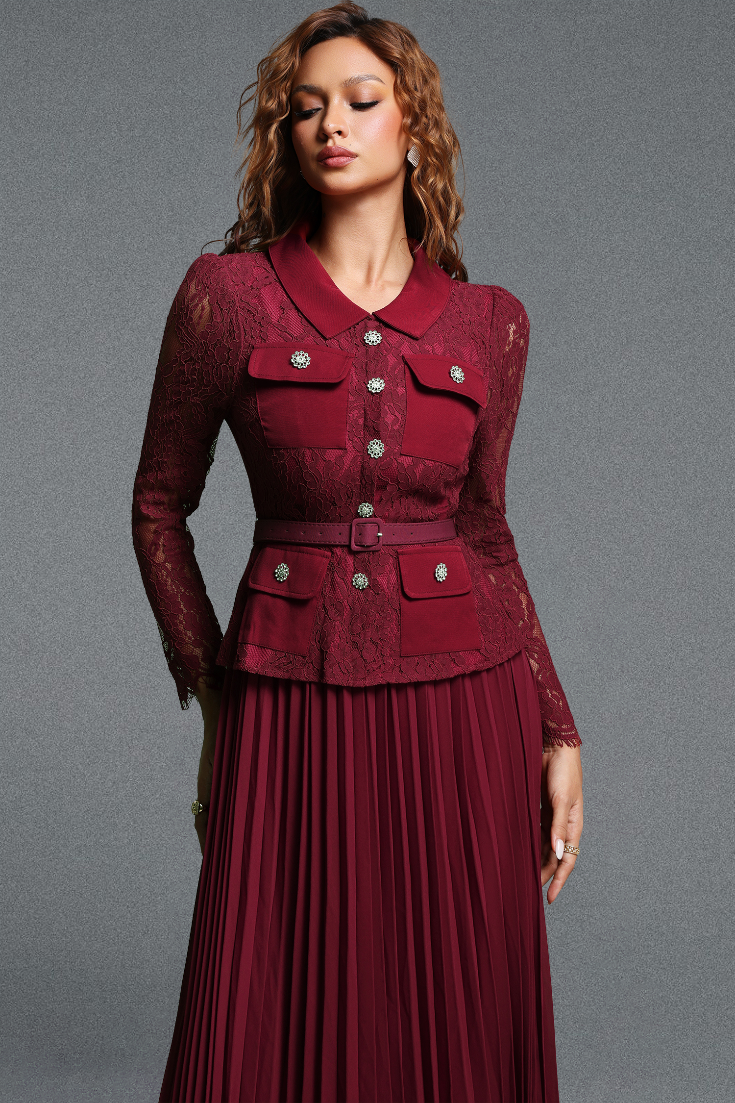 Elsa Vintage Tailored Lapel Long Sleeve Lace Spliced Pleated Chiffon Maxi Dress