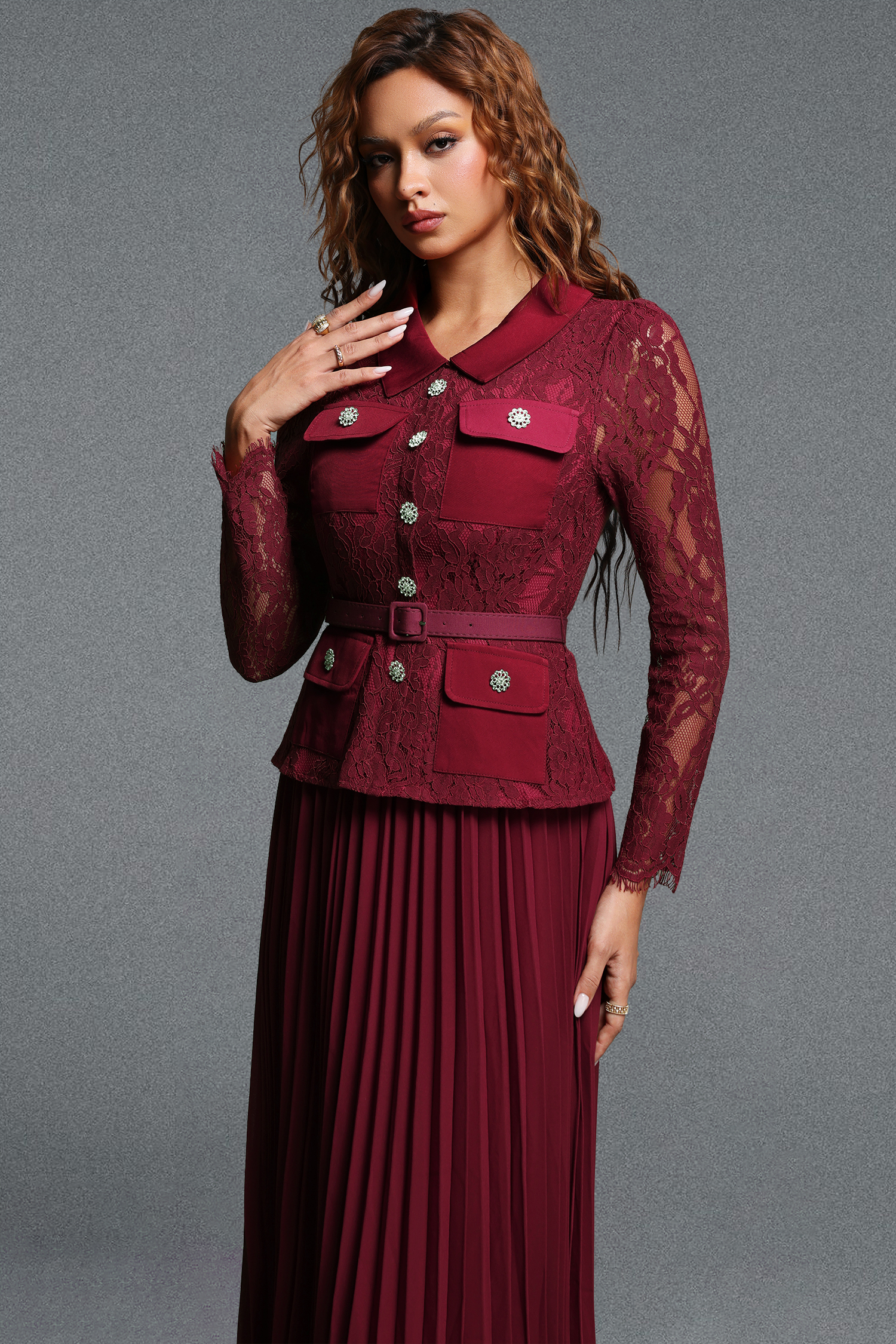 Elsa Vintage Tailored Lapel Long Sleeve Lace Spliced Pleated Chiffon Maxi Dress