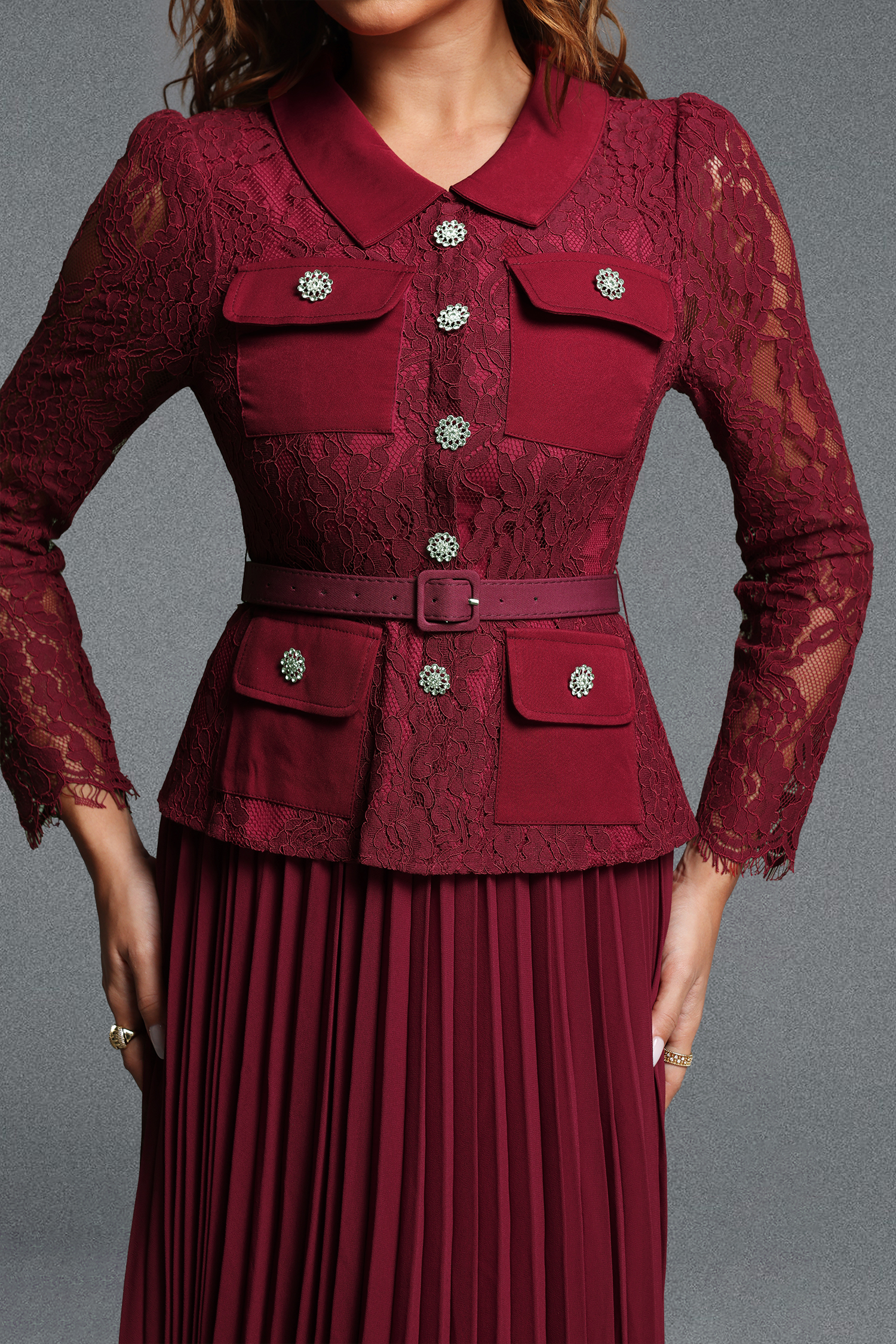 Elsa Vintage Tailored Lapel Long Sleeve Lace Spliced Pleated Chiffon Maxi Dress