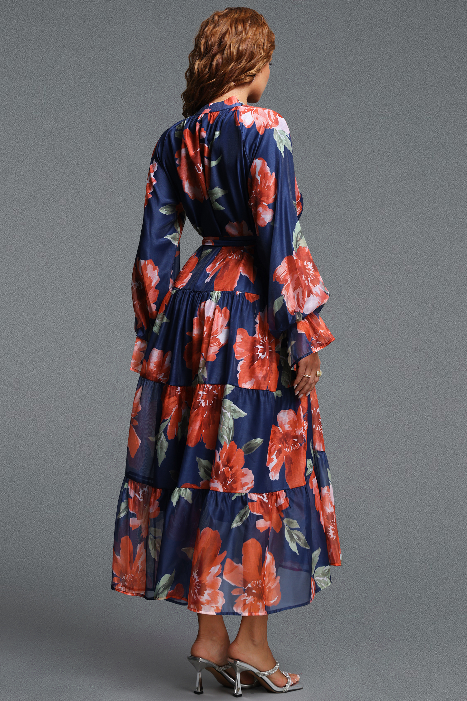 Majrela Romantic Flowy V-Neck Long Sleeve Rhinestone Floral Print Organza NavyBlue Maxi Dress