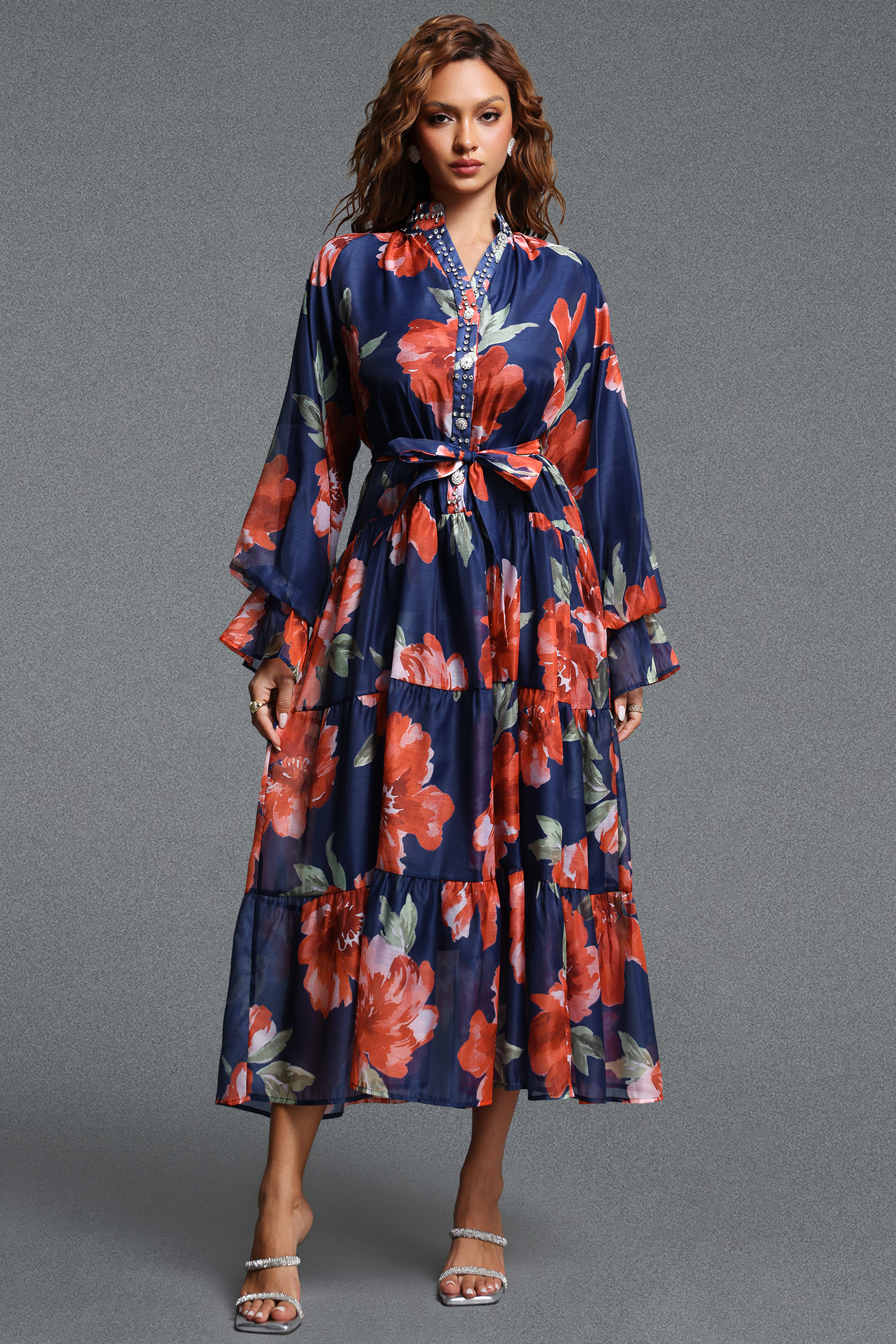 Majrela Romantic Flowy V-Neck Long Sleeve Rhinestone Floral Print Organza NavyBlue Maxi Dress