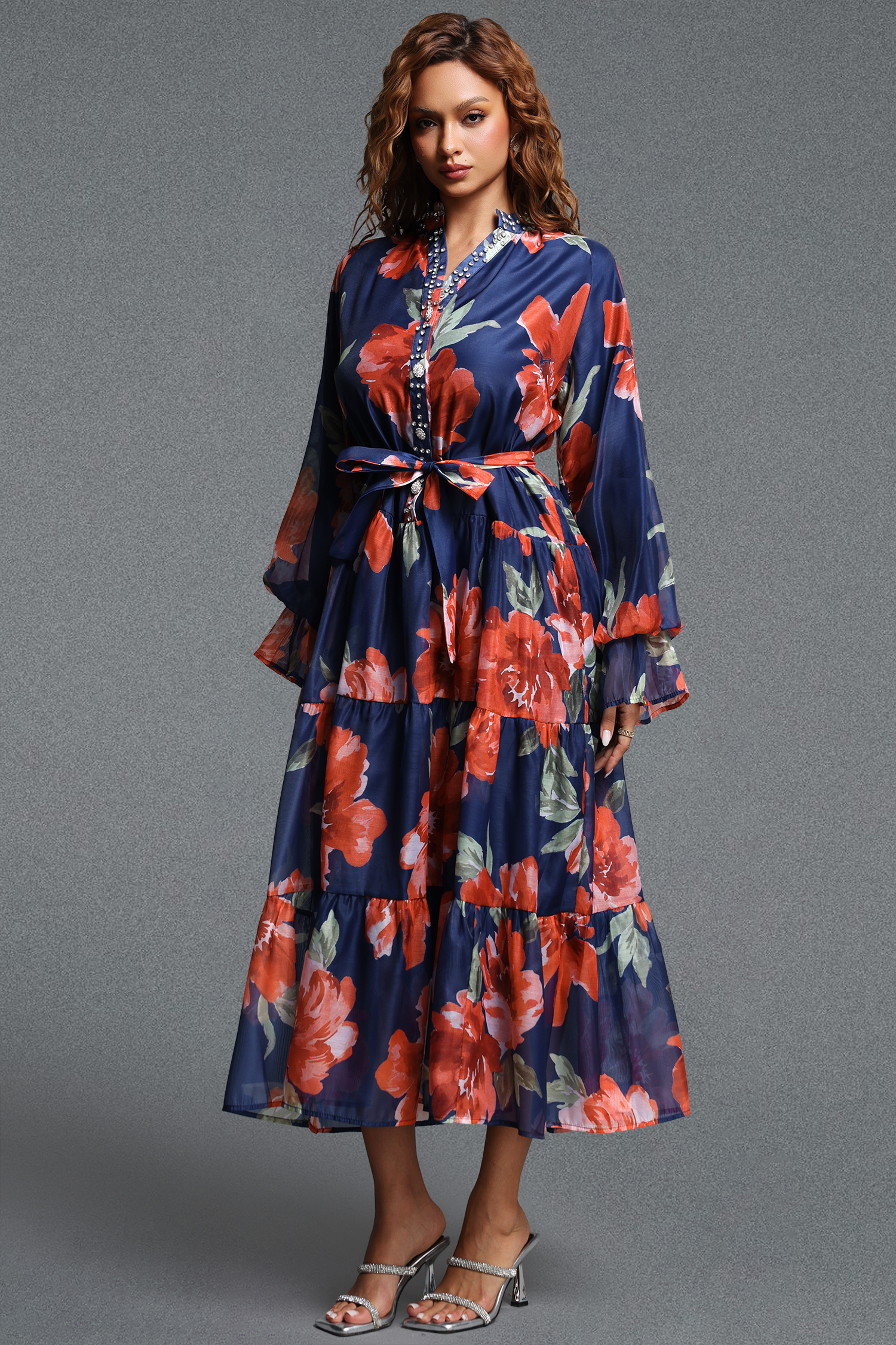 Majrela Romantic Flowy V-Neck Long Sleeve Rhinestone Floral Print Organza NavyBlue Maxi Dress
