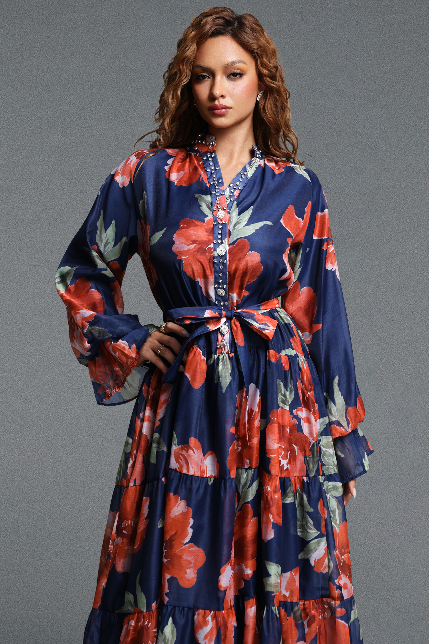Majrela Romantic Flowy V-Neck Long Sleeve Rhinestone Floral Print Organza NavyBlue Maxi Dress