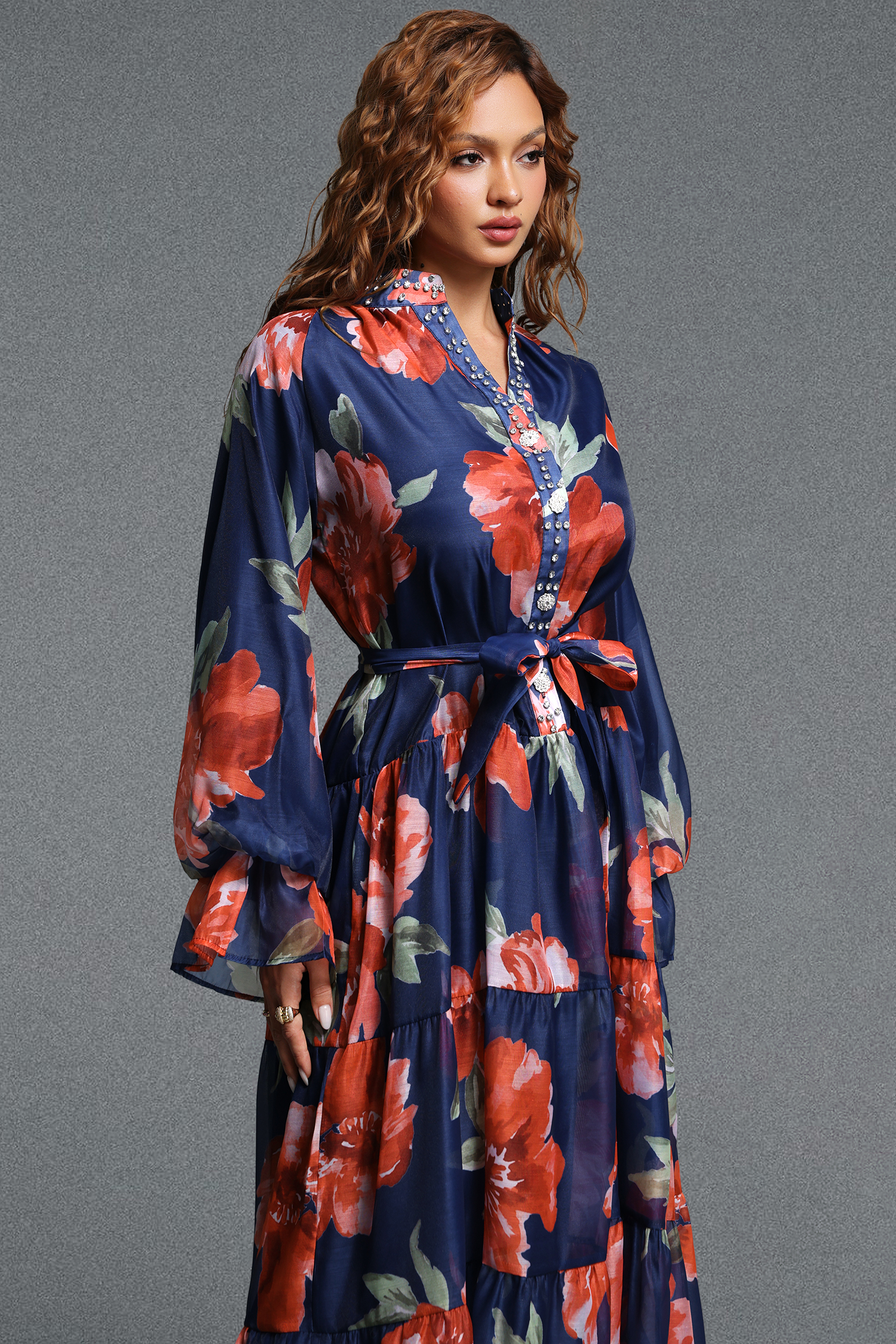 Majrela Romantic Flowy V-Neck Long Sleeve Rhinestone Floral Print Organza NavyBlue Maxi Dress