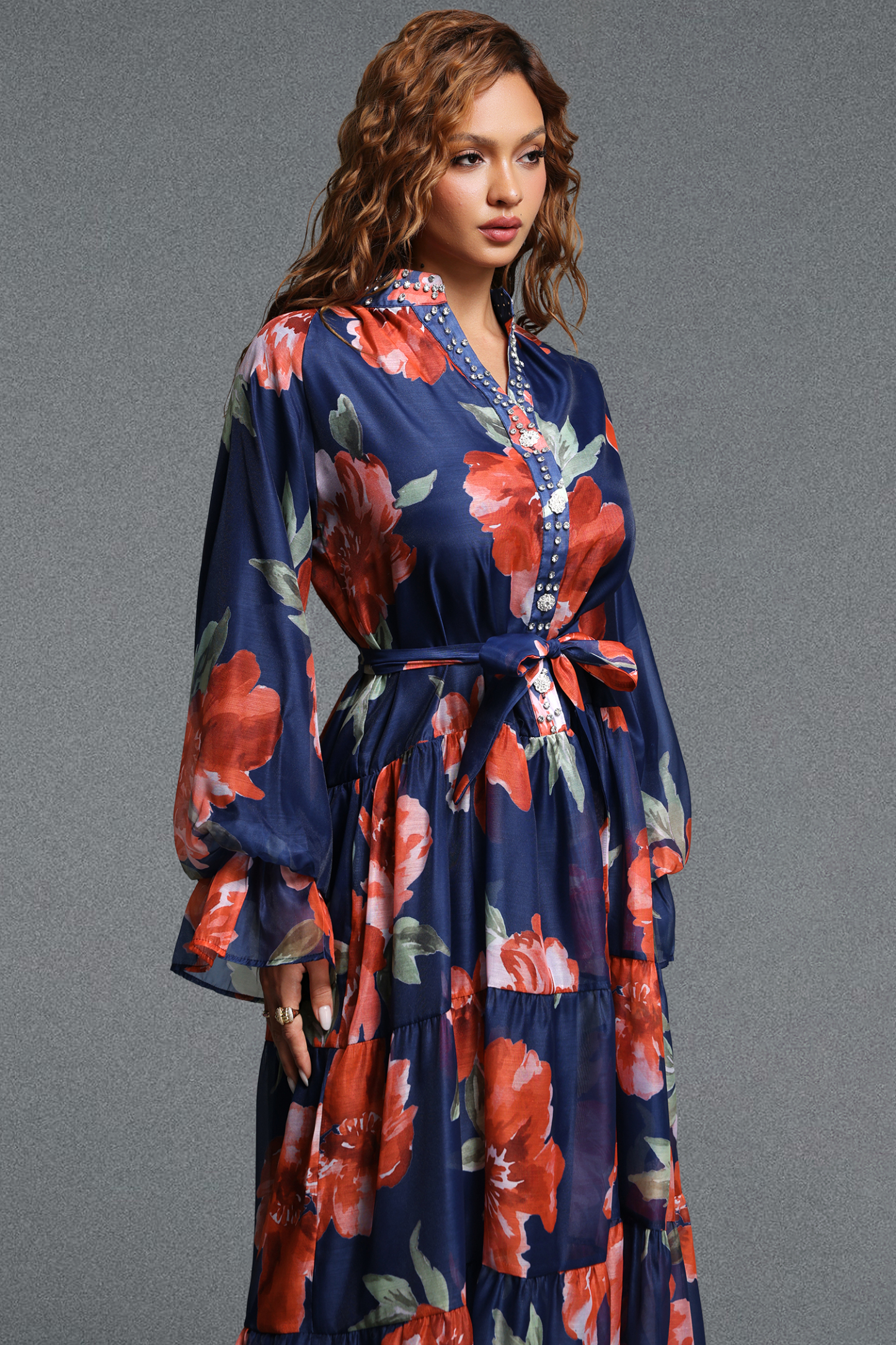 Majrela Romantic Flowy V-Neck Long Sleeve Rhinestone Floral Print Organza NavyBlue Maxi Dress