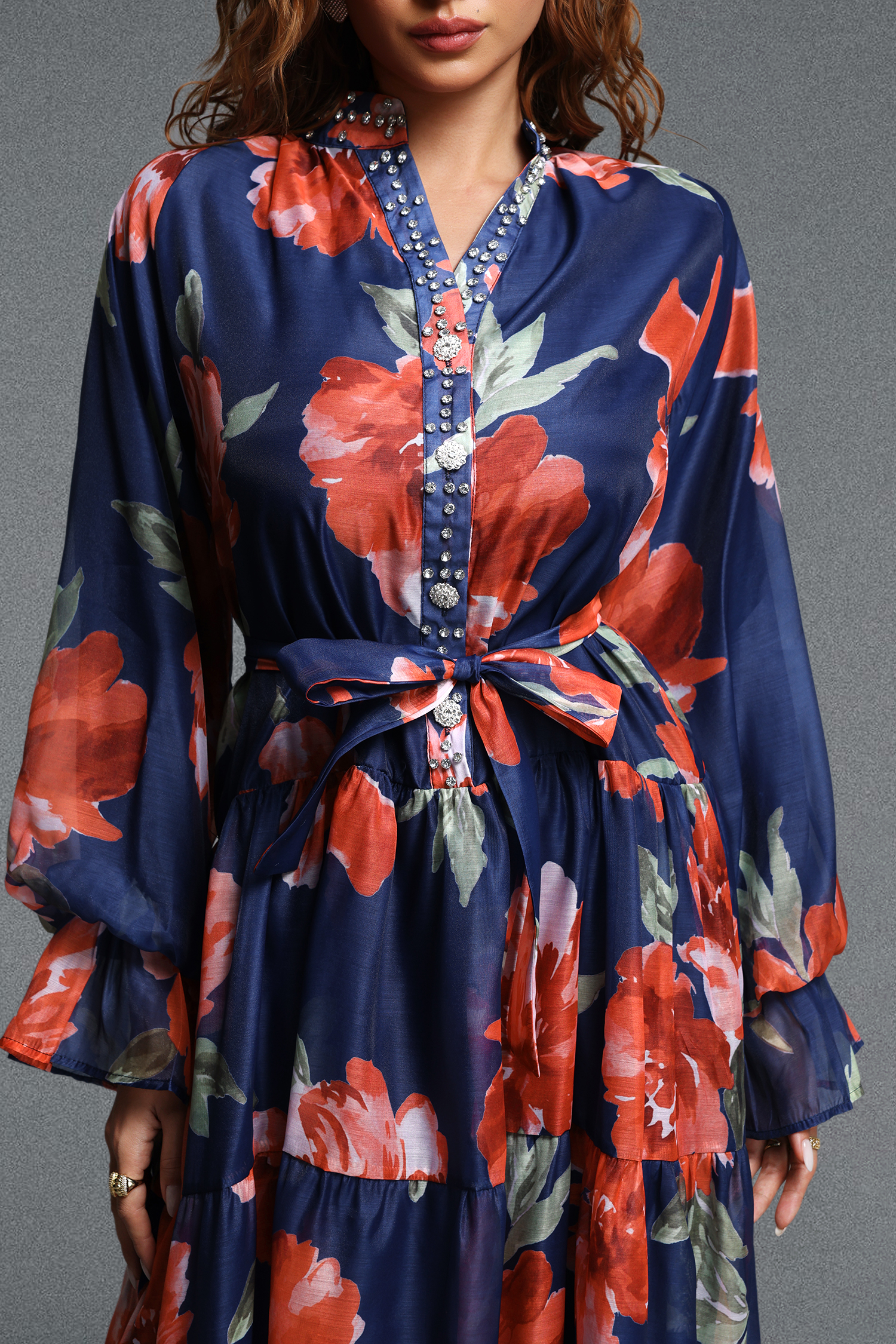 Majrela Romantic Flowy V-Neck Long Sleeve Rhinestone Floral Print Organza NavyBlue Maxi Dress