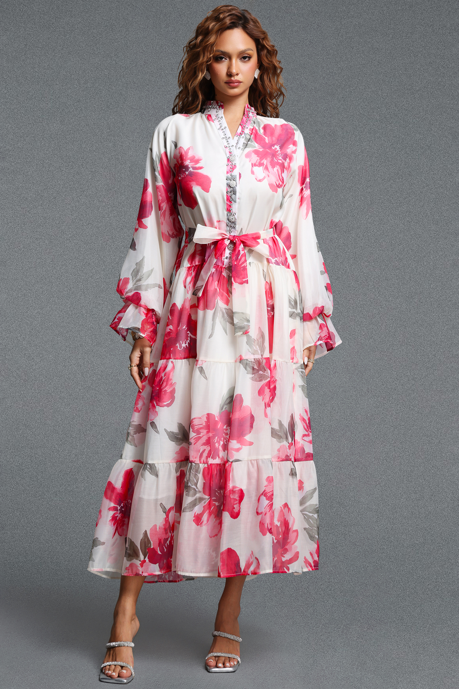Majrela Romantic Flowy V-Neck Long Sleeve Rhinestone Floral Print Organza Red Maxi Dress
