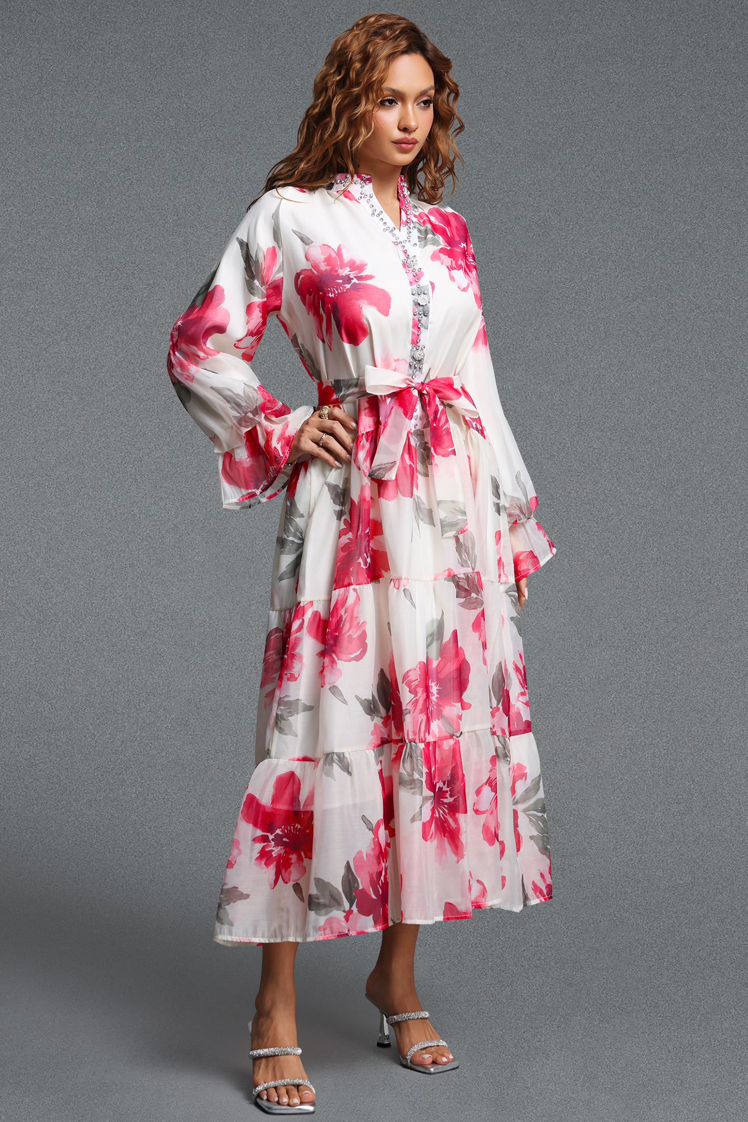 Majrela Romantic Flowy V-Neck Long Sleeve Rhinestone Floral Print Organza Red Maxi Dress