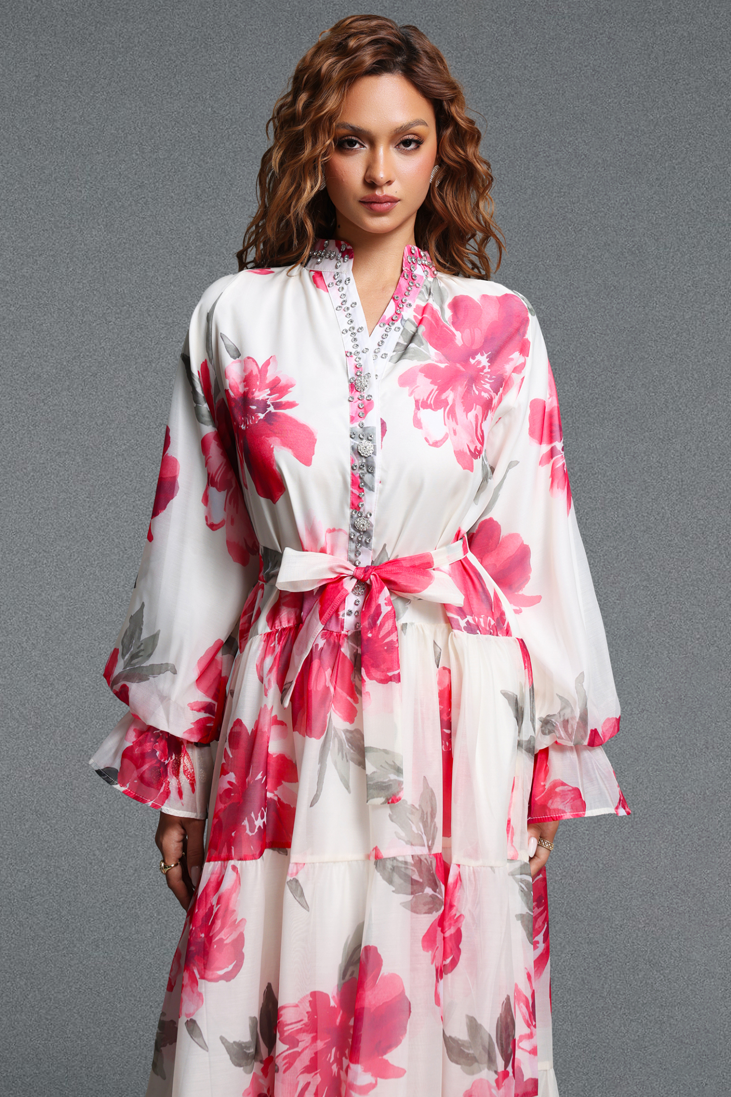 Majrela Romantic Flowy V-Neck Long Sleeve Rhinestone Floral Print Organza Red Maxi Dress
