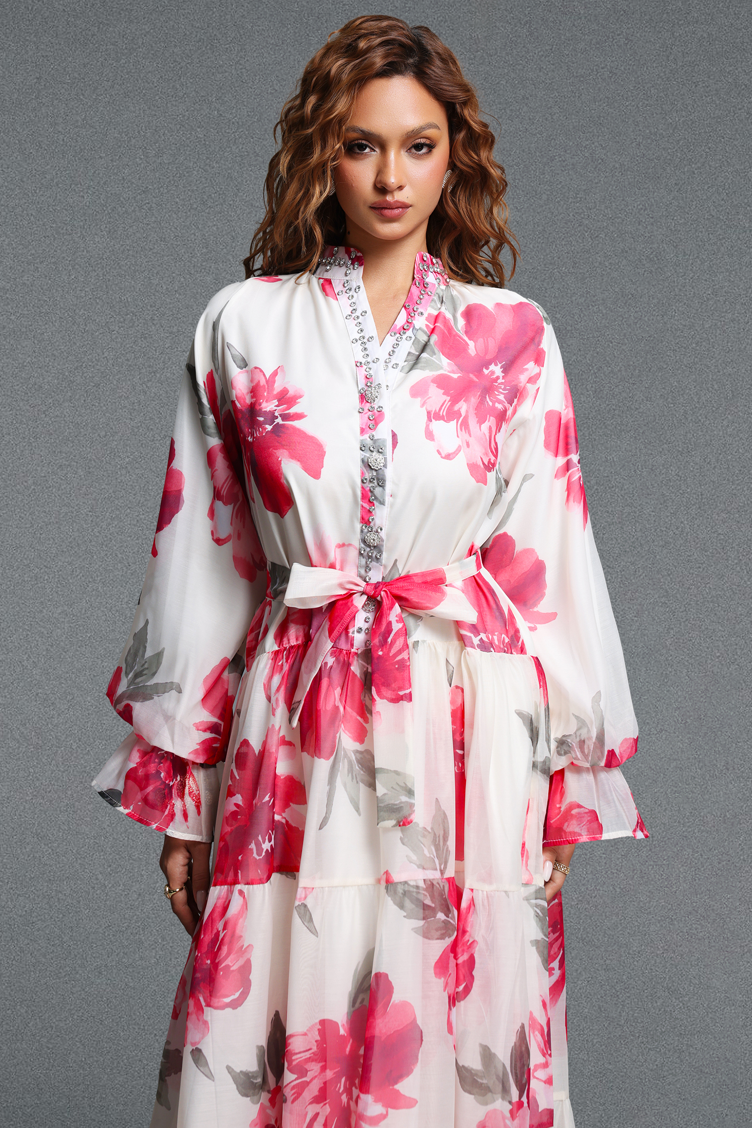 Majrela Romantic Flowy V-Neck Long Sleeve Rhinestone Floral Print Organza Red Maxi Dress