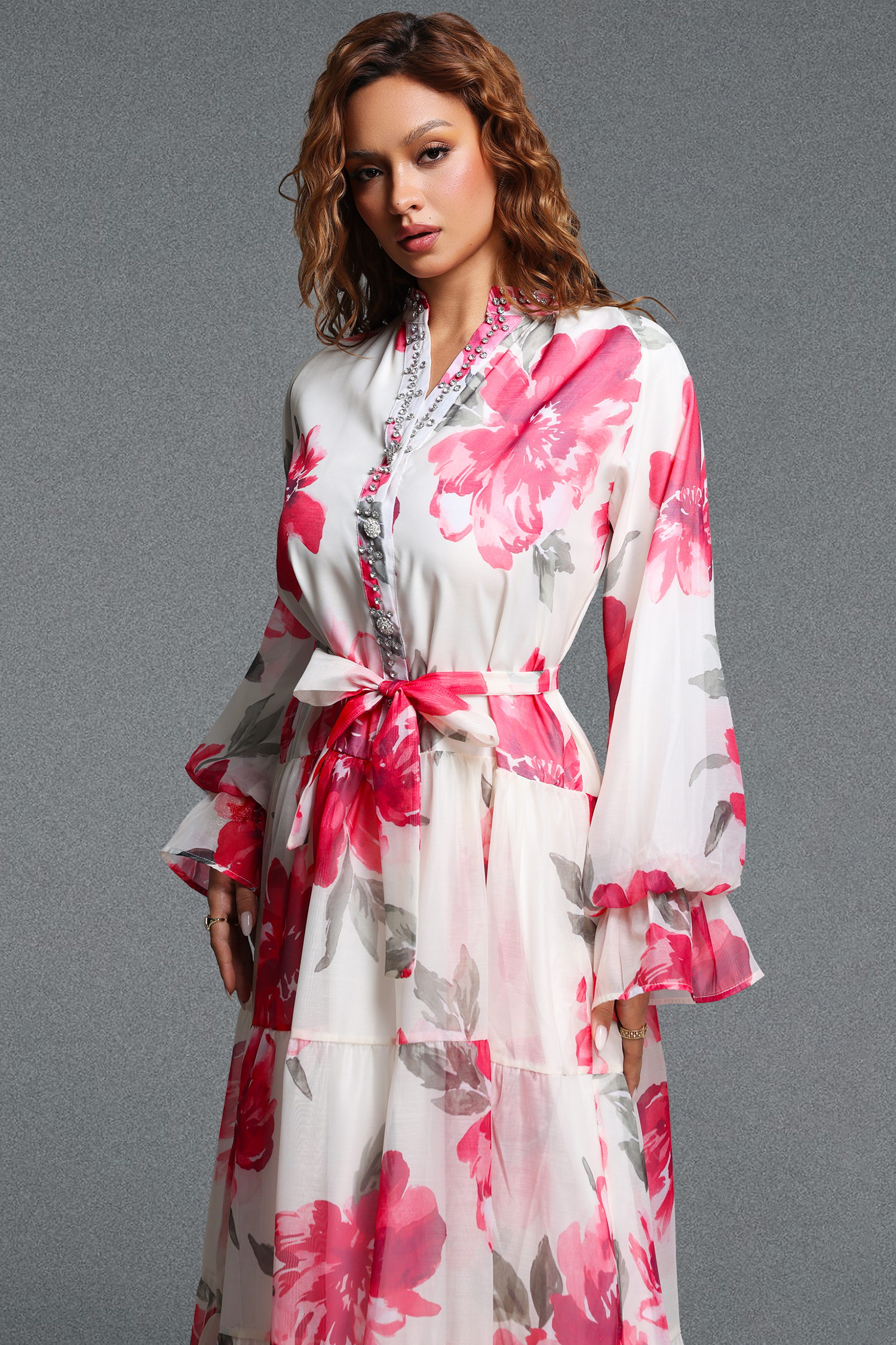 Majrela Romantic Flowy V-Neck Long Sleeve Rhinestone Floral Print Organza Red Maxi Dress