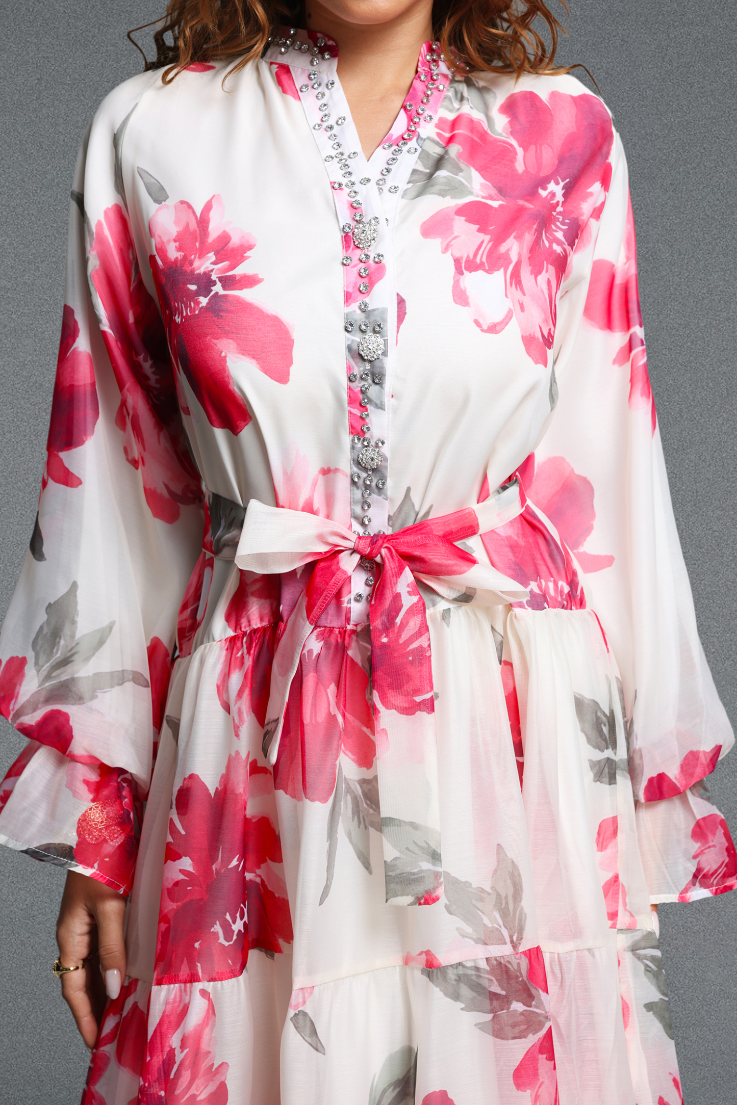 Majrela Romantic Flowy V-Neck Long Sleeve Rhinestone Floral Print Organza Red Maxi Dress