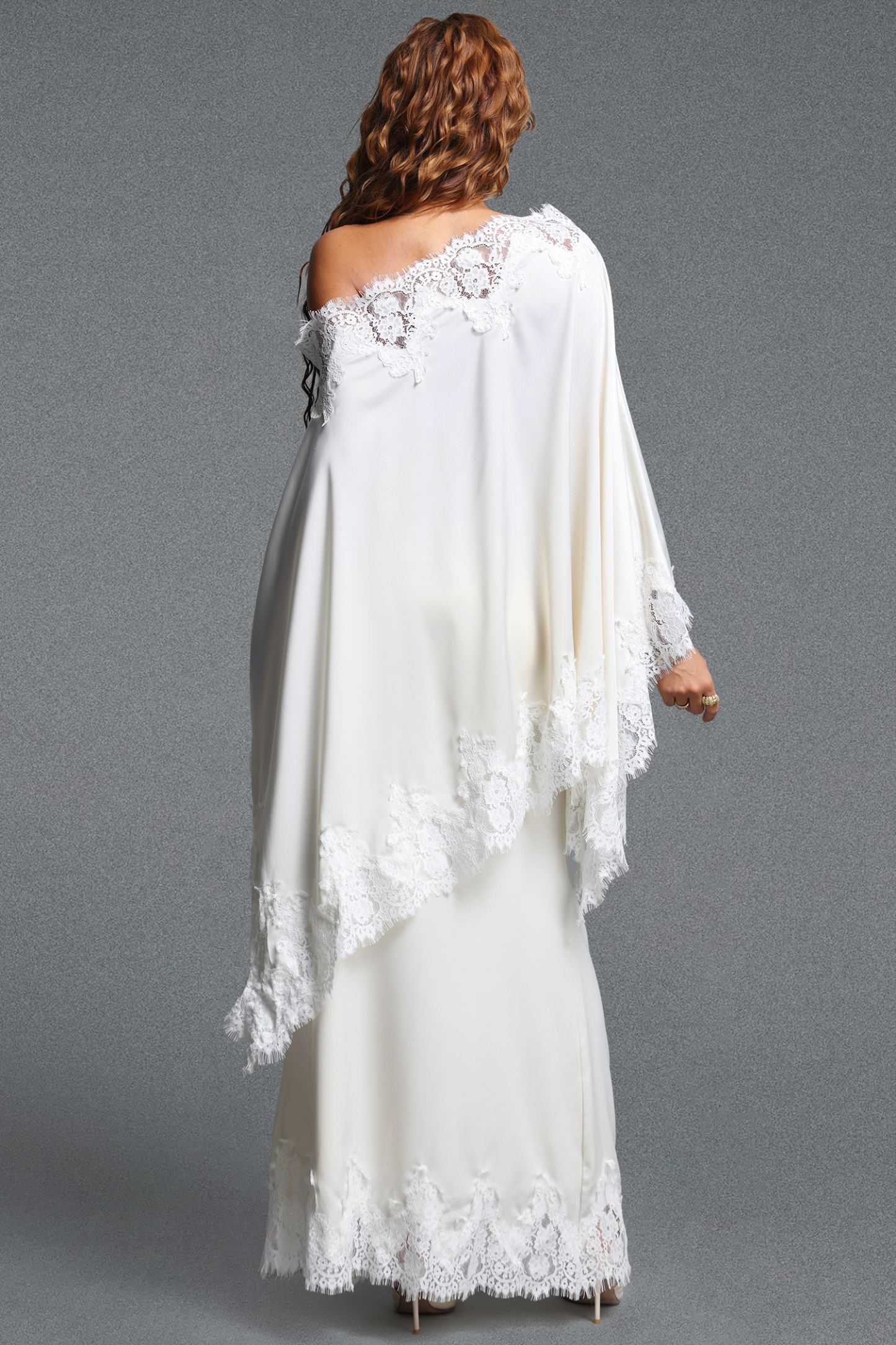 Riela Romantic Flowy Asymmetrical Design Lace Trim Satin Top and Skirt Two Piece Set