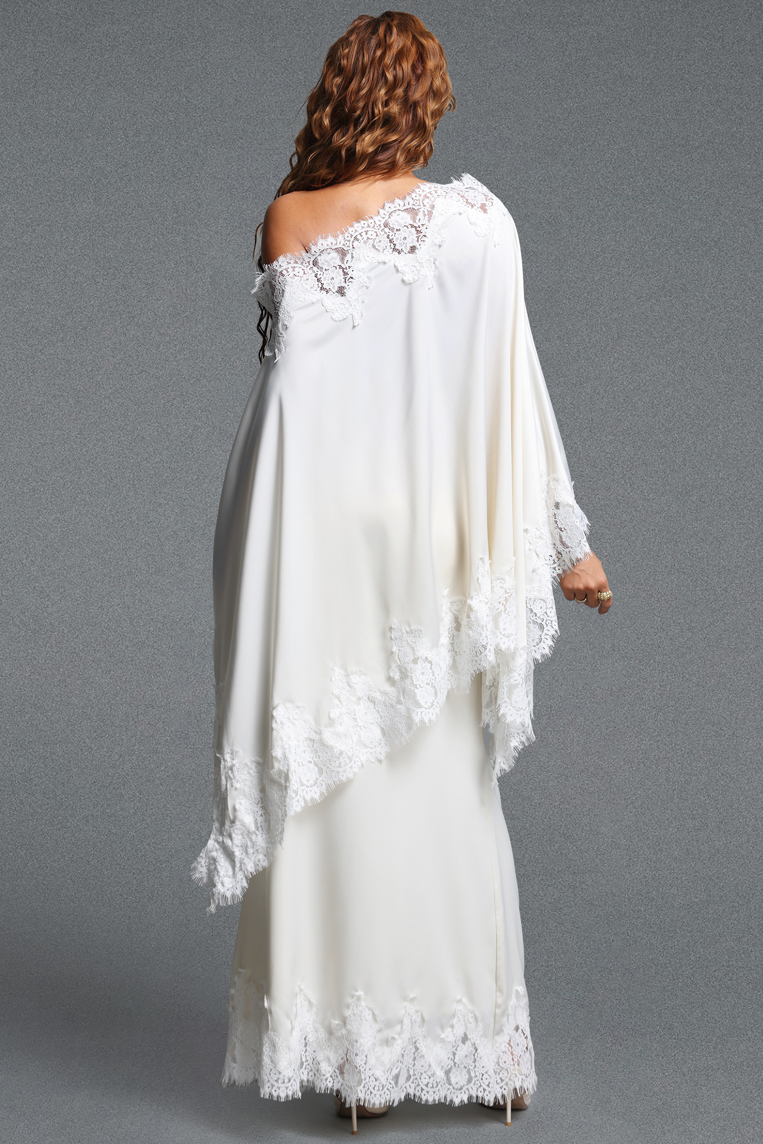 Riela Romantic Flowy Asymmetrical Design Lace Trim Satin Top and Skirt Two Piece Set