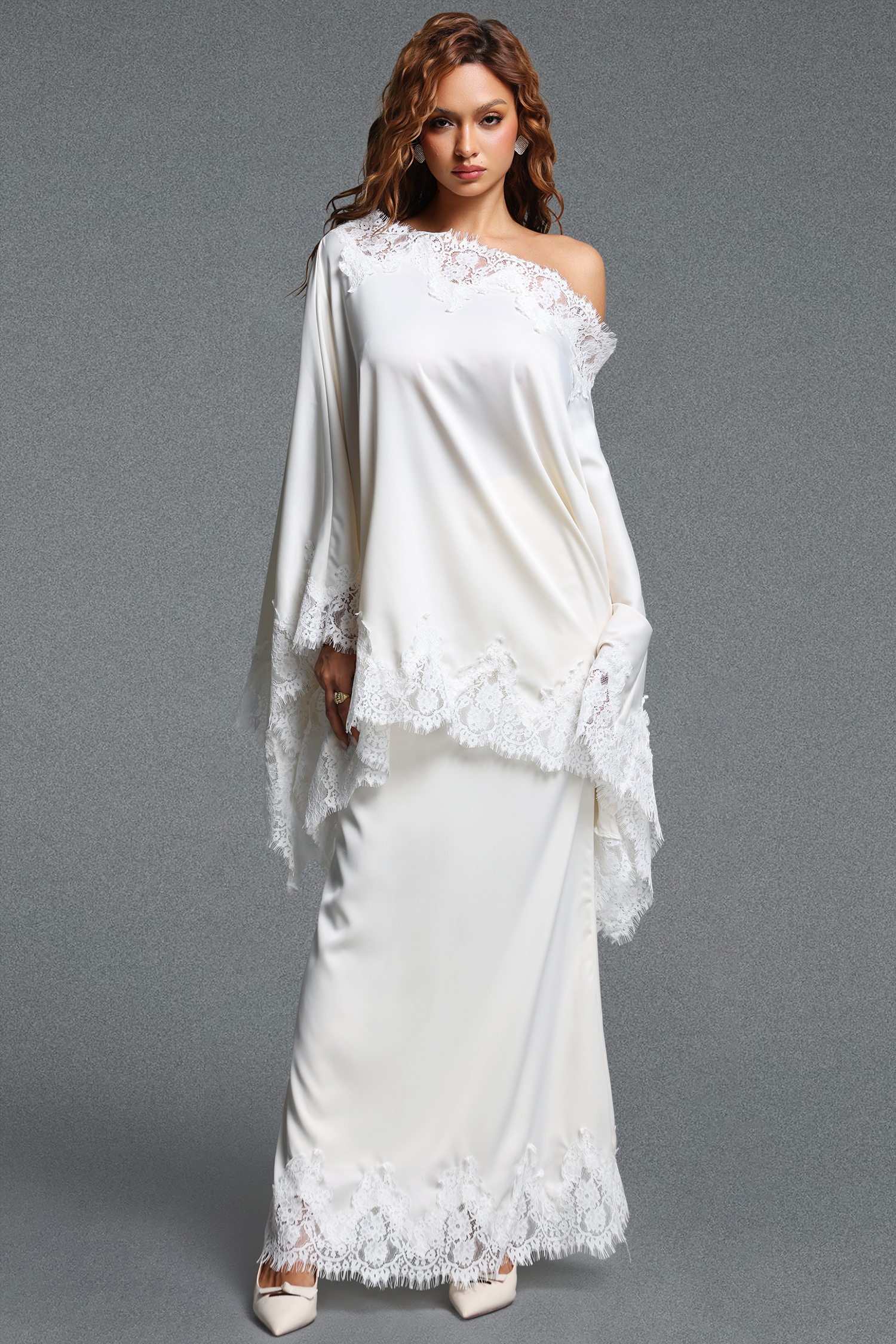 Riela Romantic Flowy Asymmetrical Design Lace Trim Satin Top and Skirt Two Piece Set