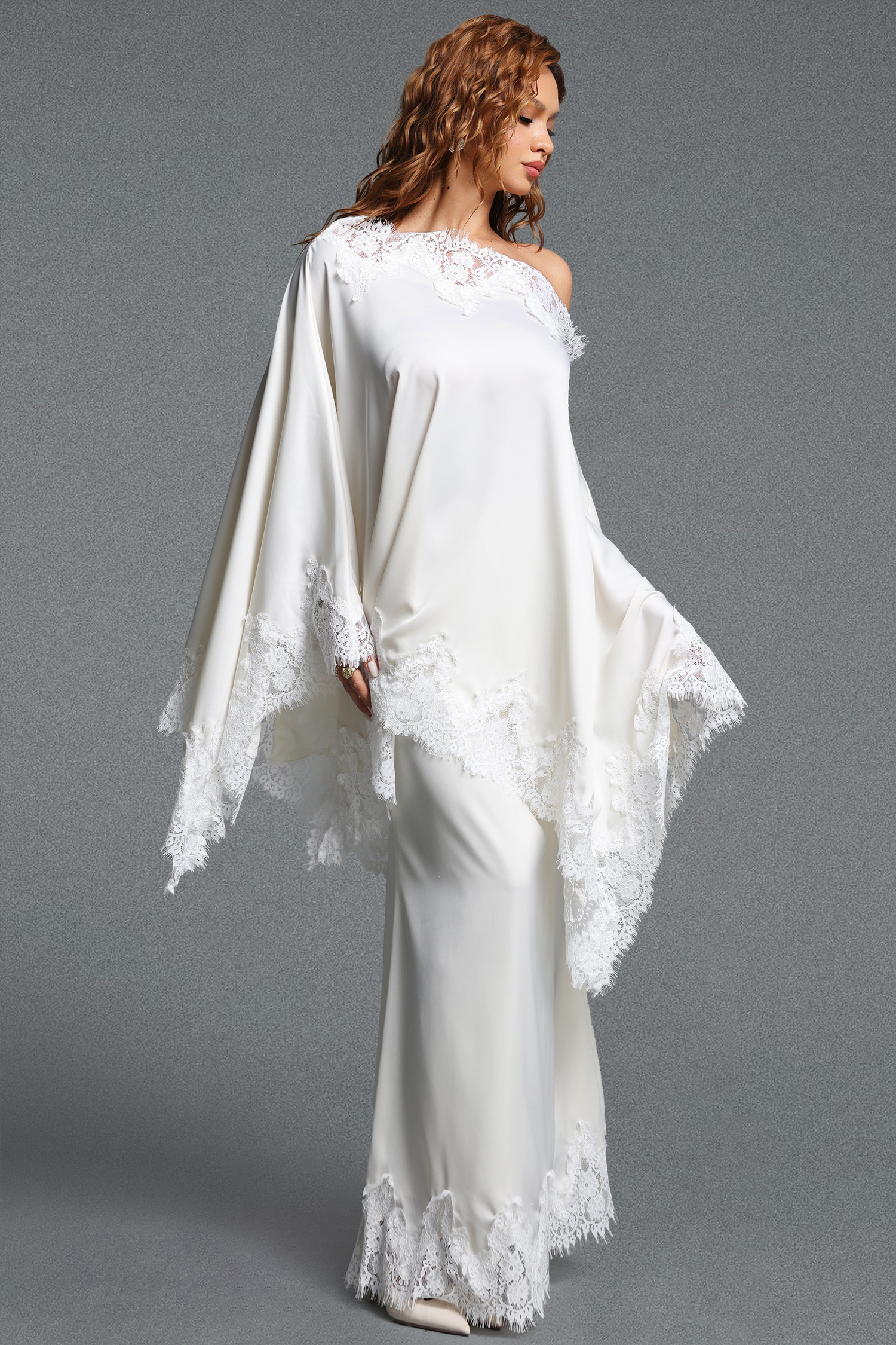 Riela Romantic Flowy Asymmetrical Design Lace Trim Satin Top and Skirt Two Piece Set