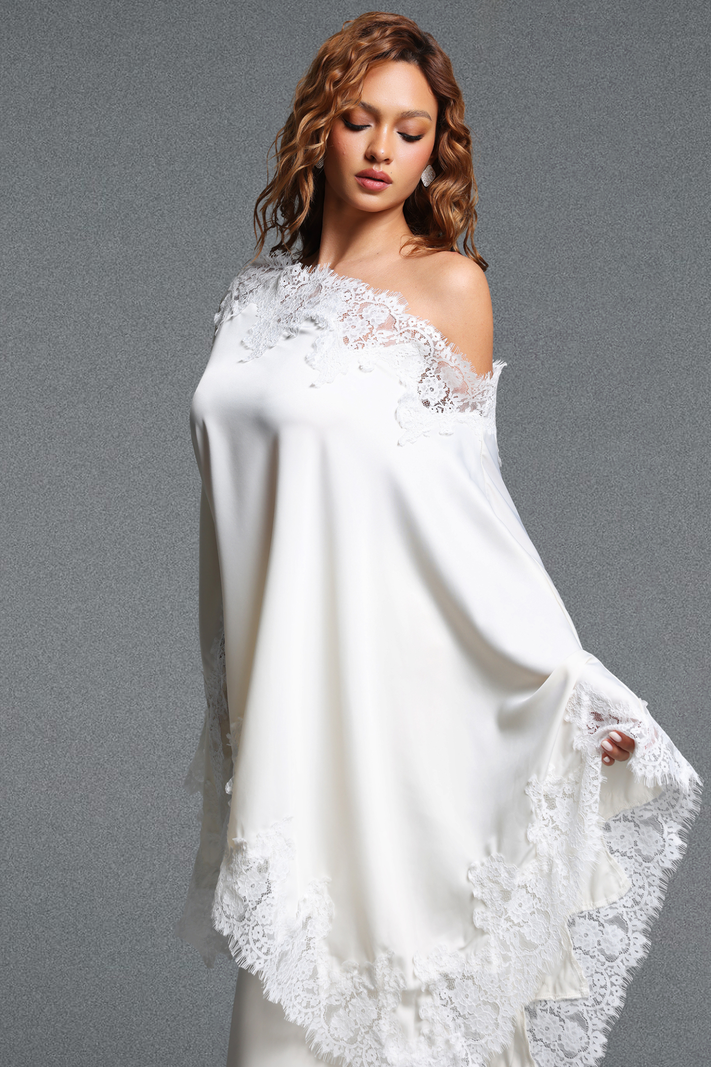 Riela Romantic Flowy Asymmetrical Design Lace Trim Satin Top and Skirt Two Piece Set