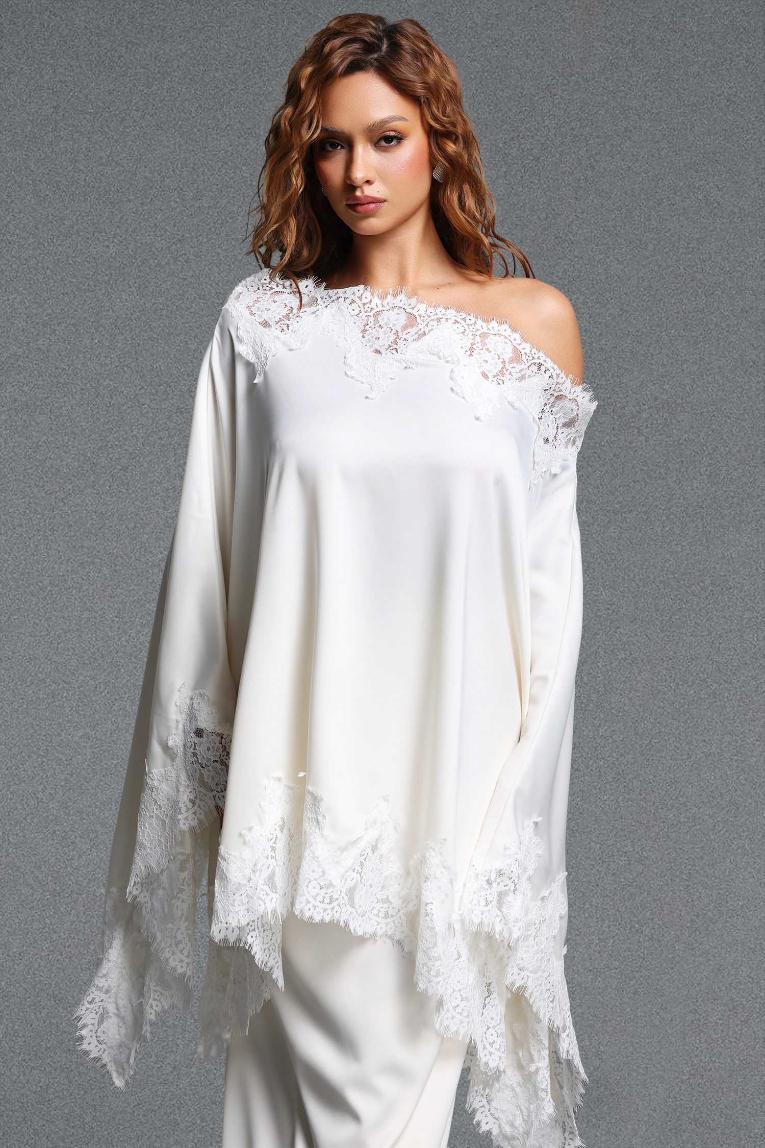 Riela Romantic Flowy Asymmetrical Design Lace Trim Satin Top and Skirt Two Piece Set