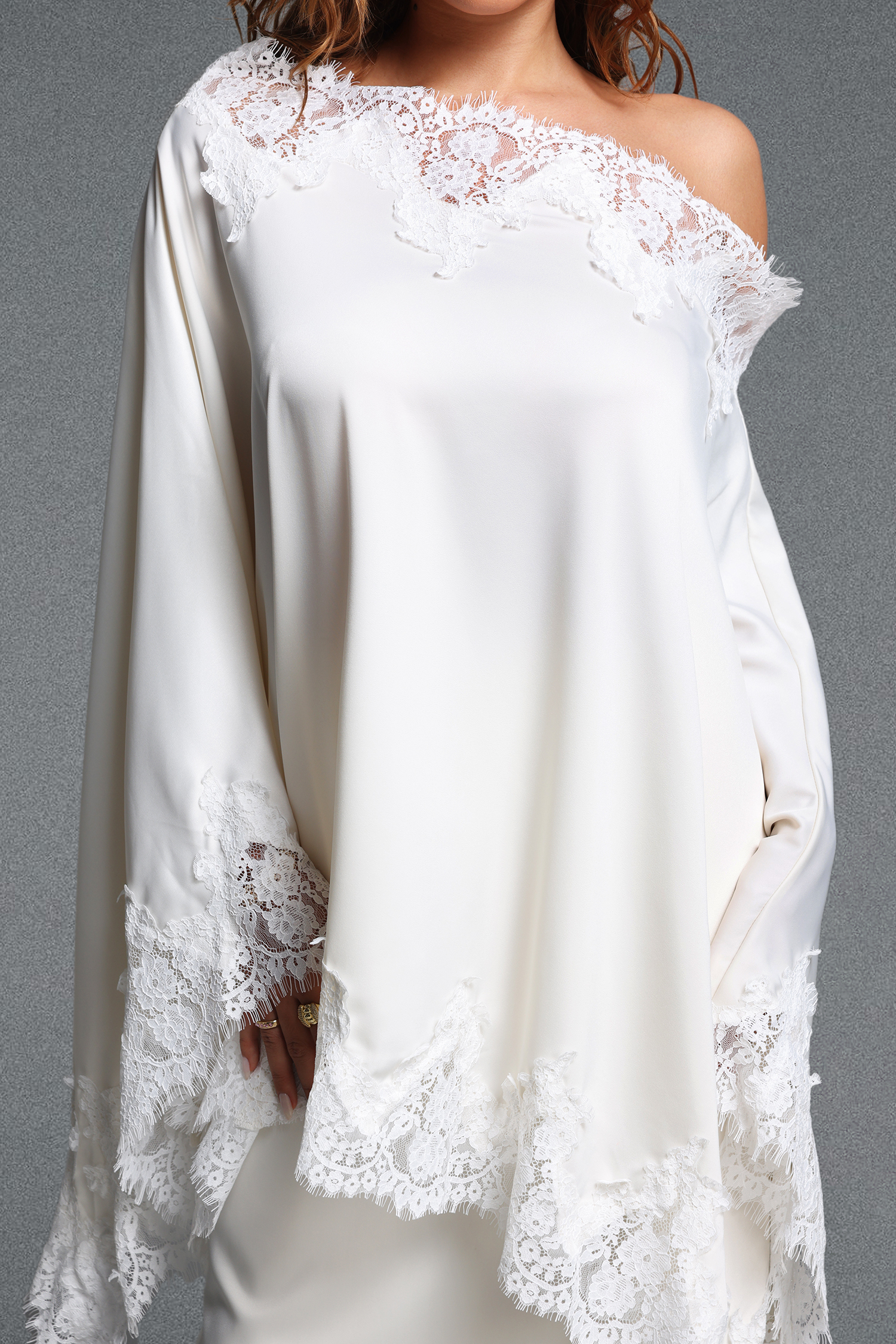 Riela Romantic Flowy Asymmetrical Design Lace Trim Satin Top and Skirt Two Piece Set