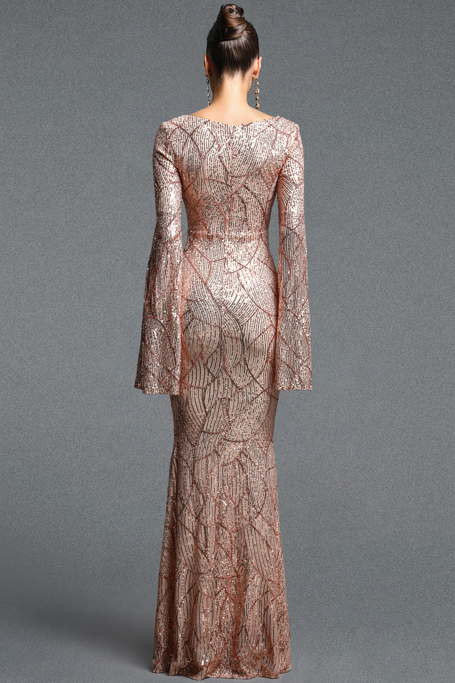 Lucki Elegant Contour V Neck Long Sleeve Sequin Maxi Dress