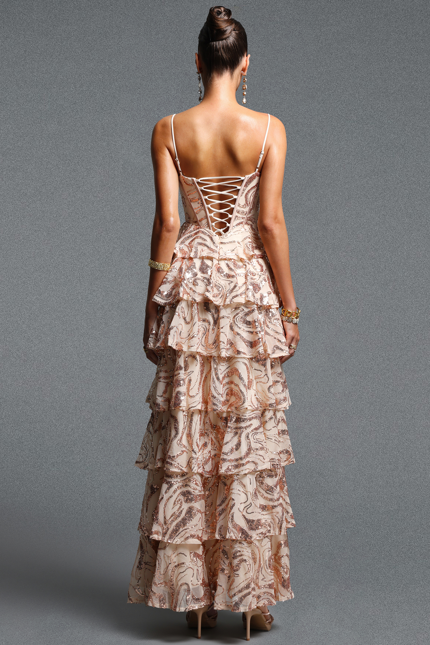 Zohara Elegant Spaghetti Strap Tiered Ruffle Slit Sequin Gold Maxi Dress