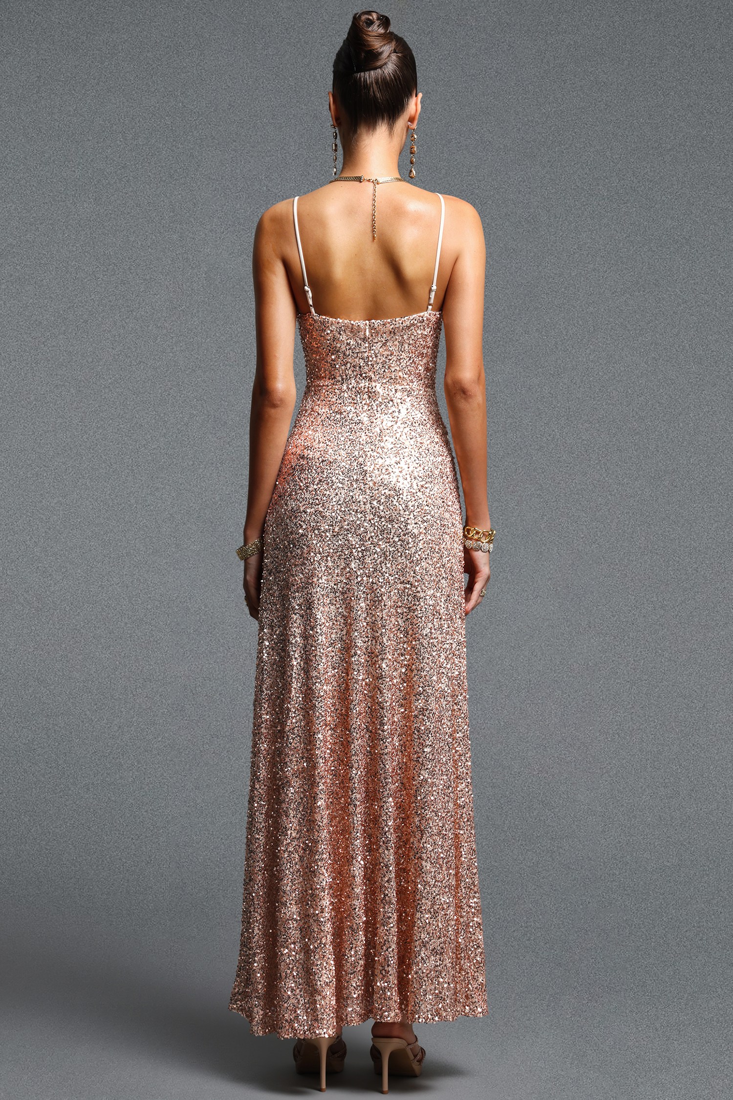 Muera Chic Contour V Neck Cut Out Sequin Gold Maxi Dress