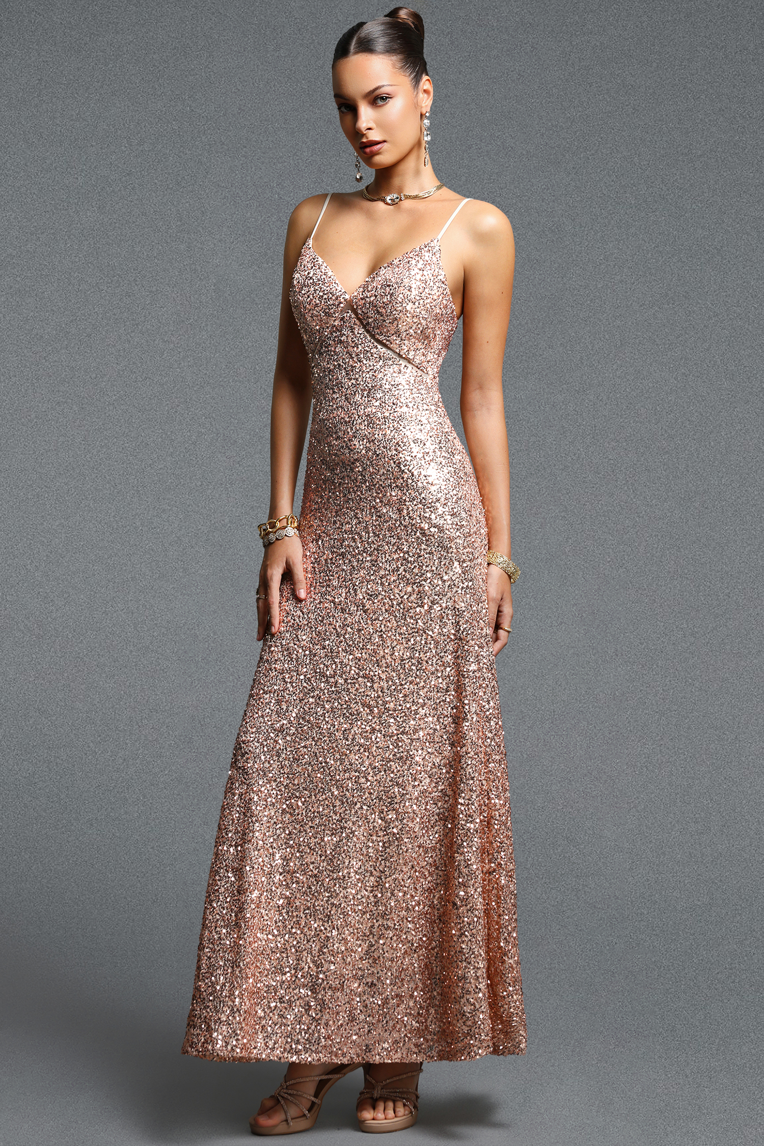 Muera Chic Contour V Neck Cut Out Sequin Gold Maxi Dress