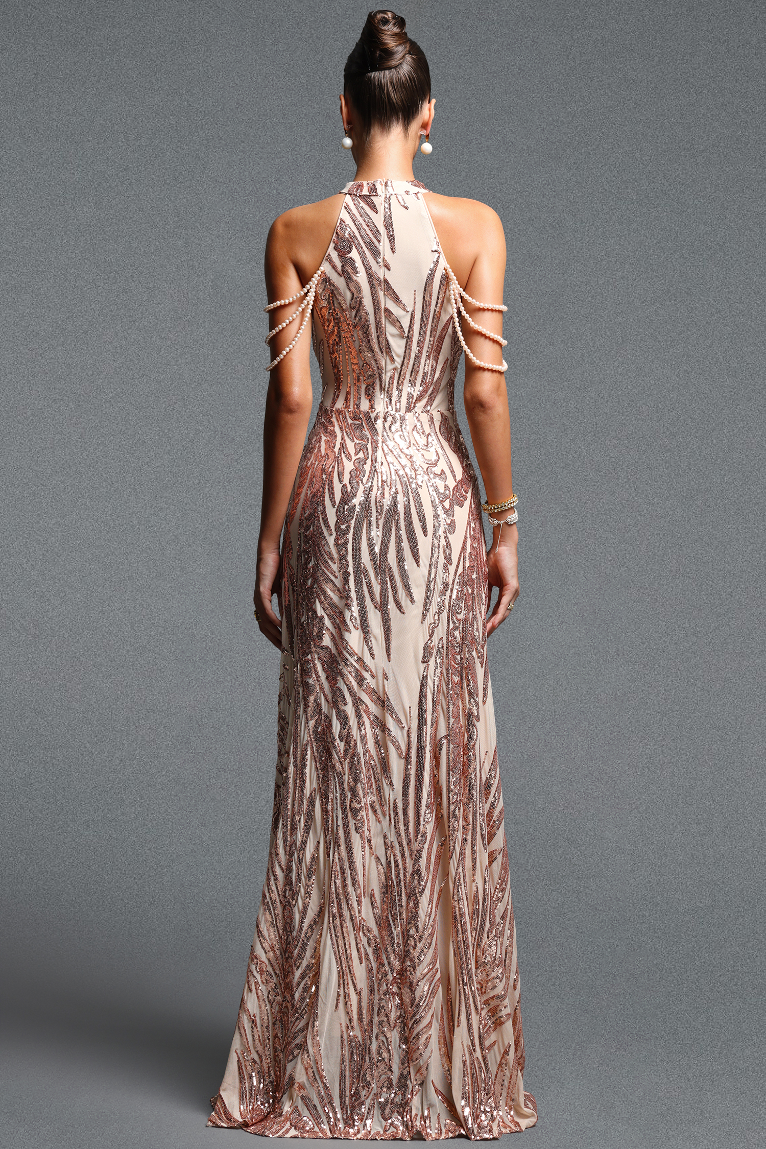 Saga Elegant Contour Halter Pearl Sequin Maxi Dress