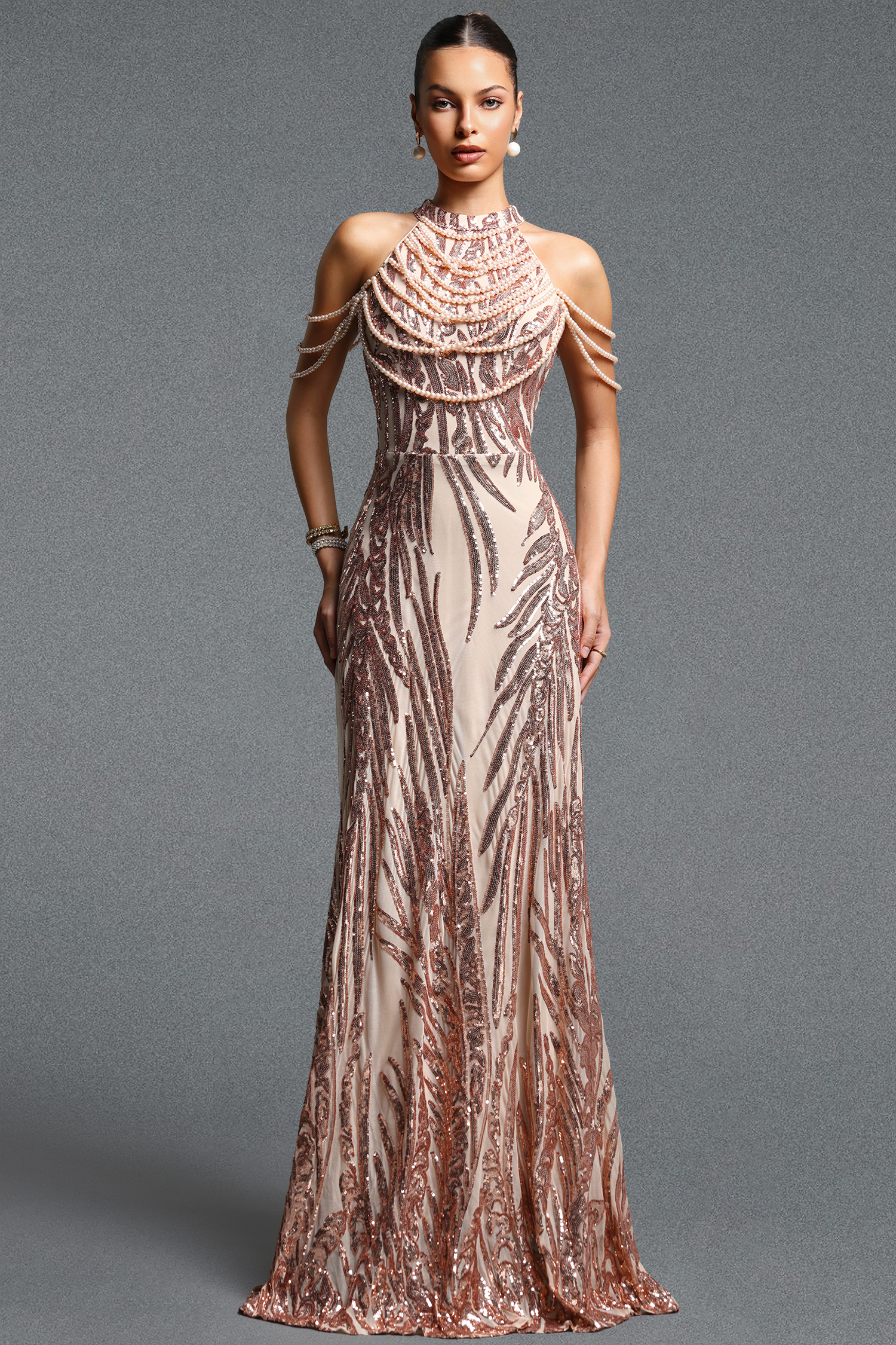 Saga Elegant Contour Halter Pearl Sequin Maxi Dress
