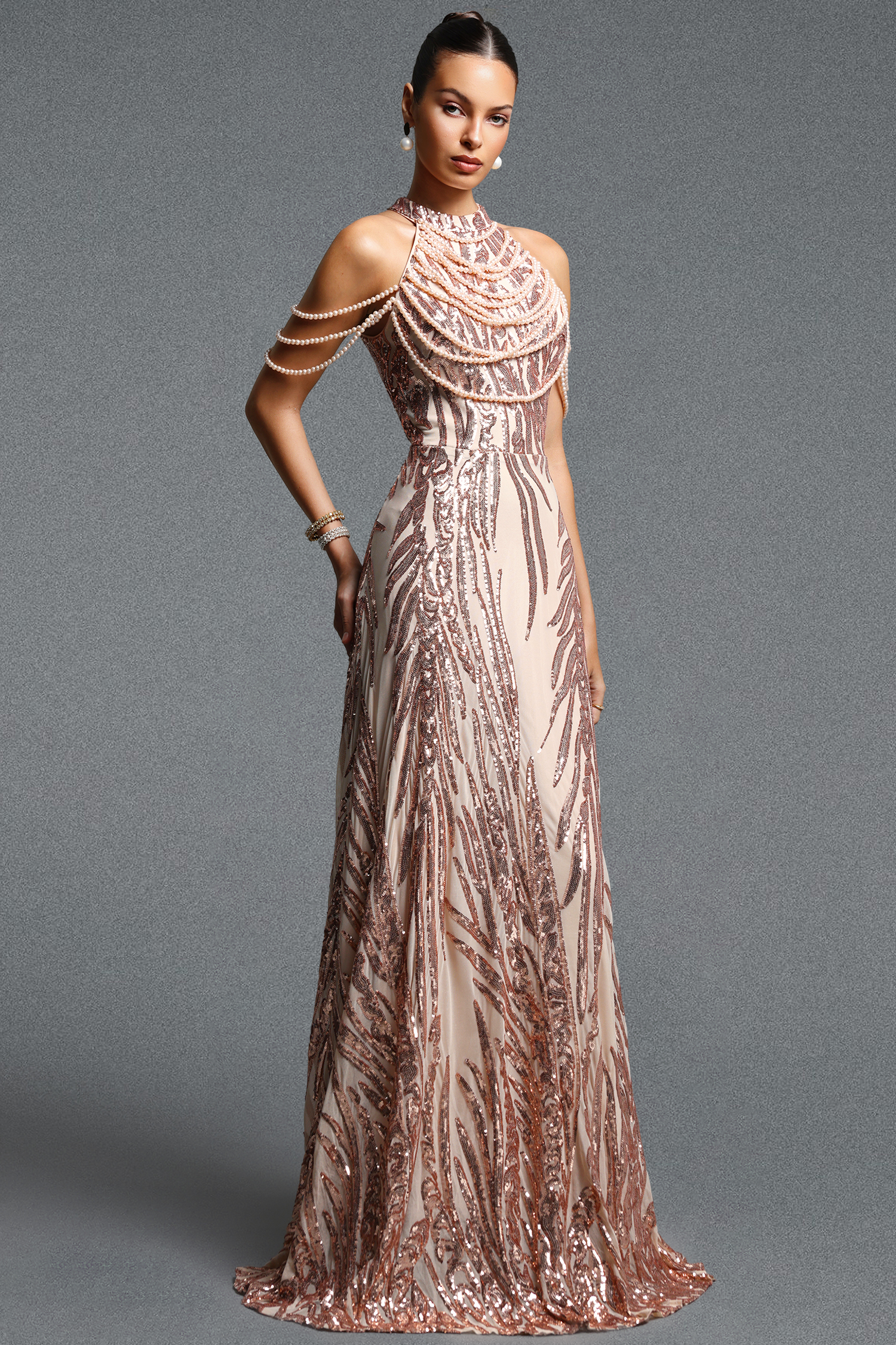 Saga Elegant Contour Halter Pearl Sequin Maxi Dress