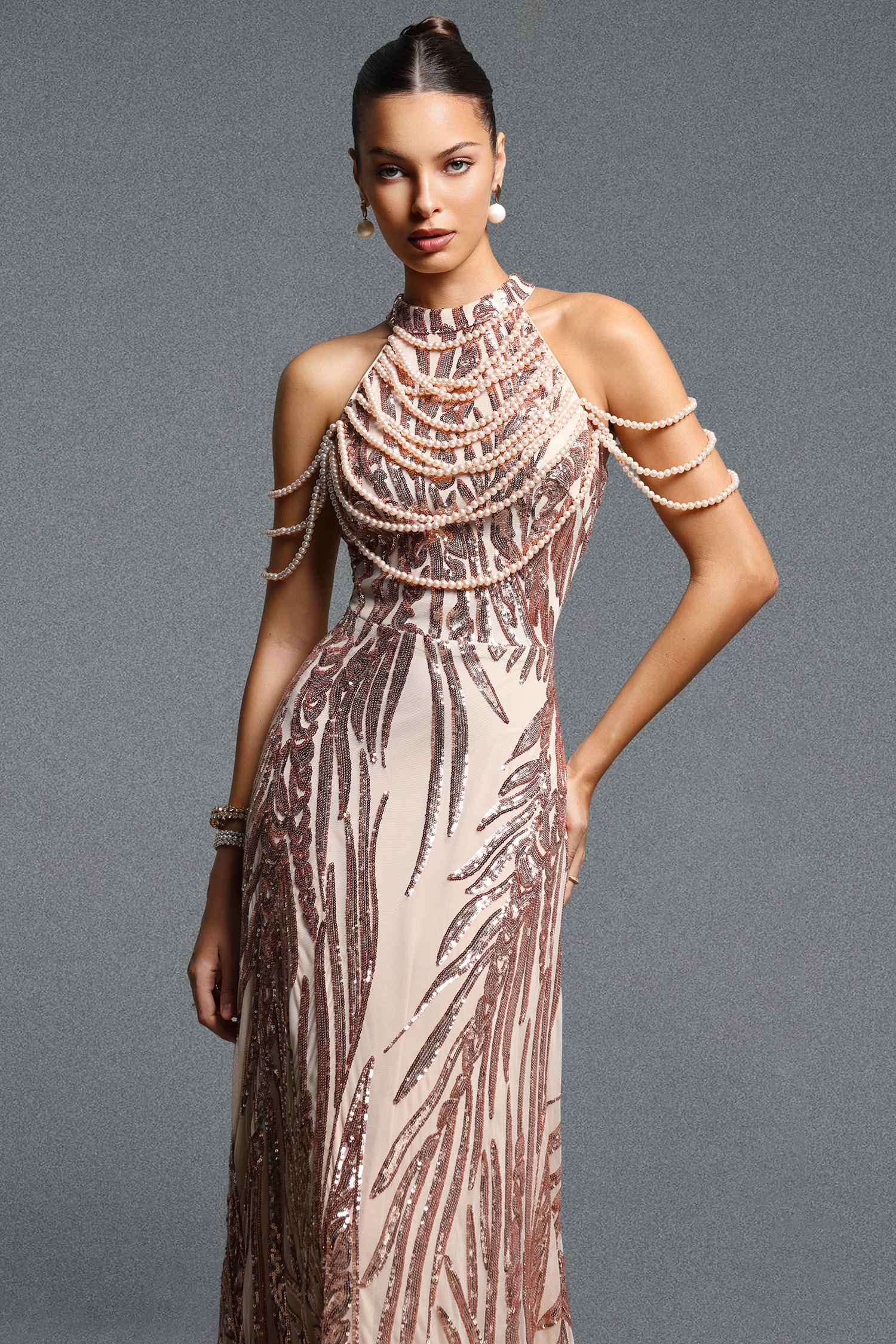 Saga Elegant Contour Halter Pearl Sequin Maxi Dress