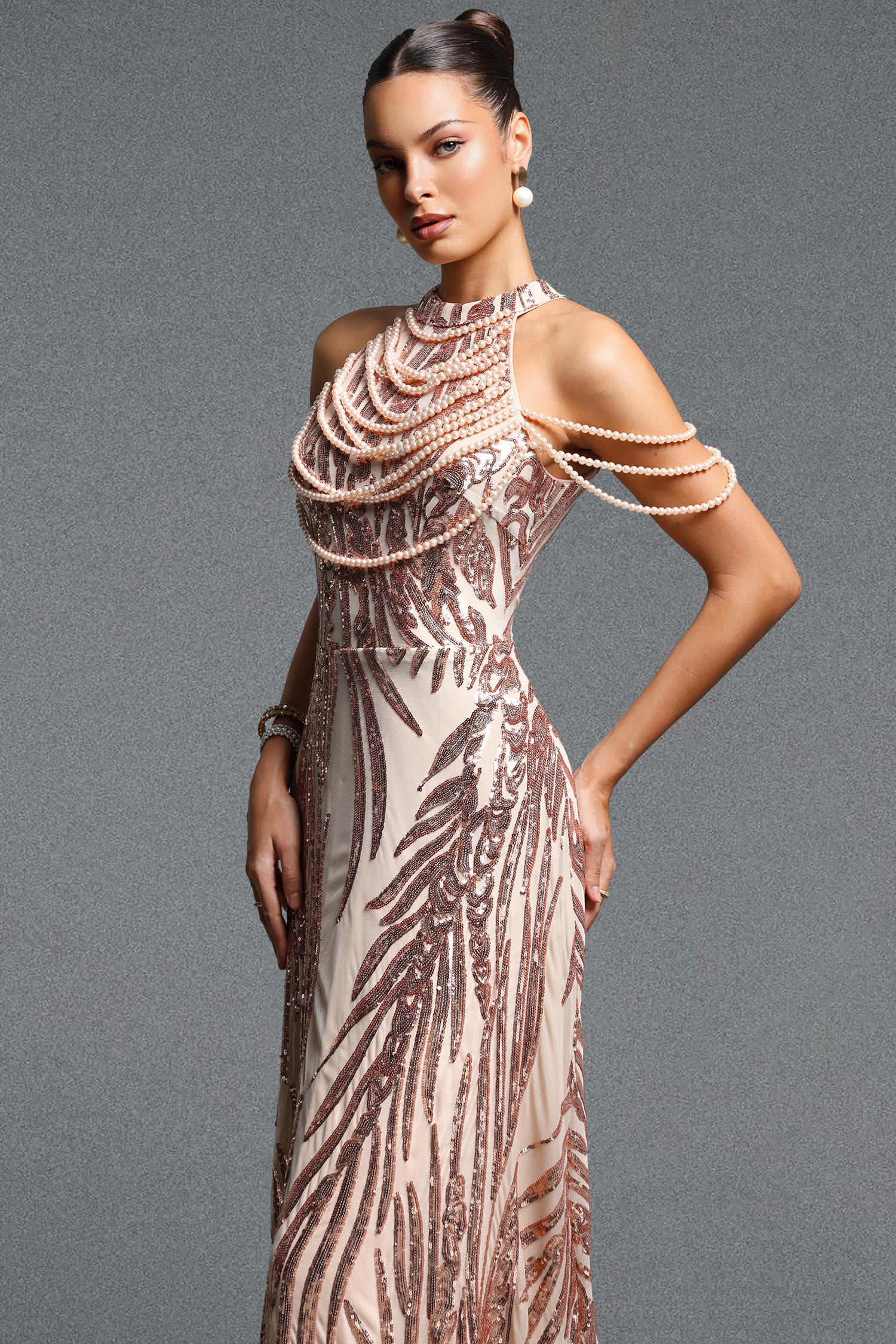 Saga Elegant Contour Halter Pearl Sequin Maxi Dress
