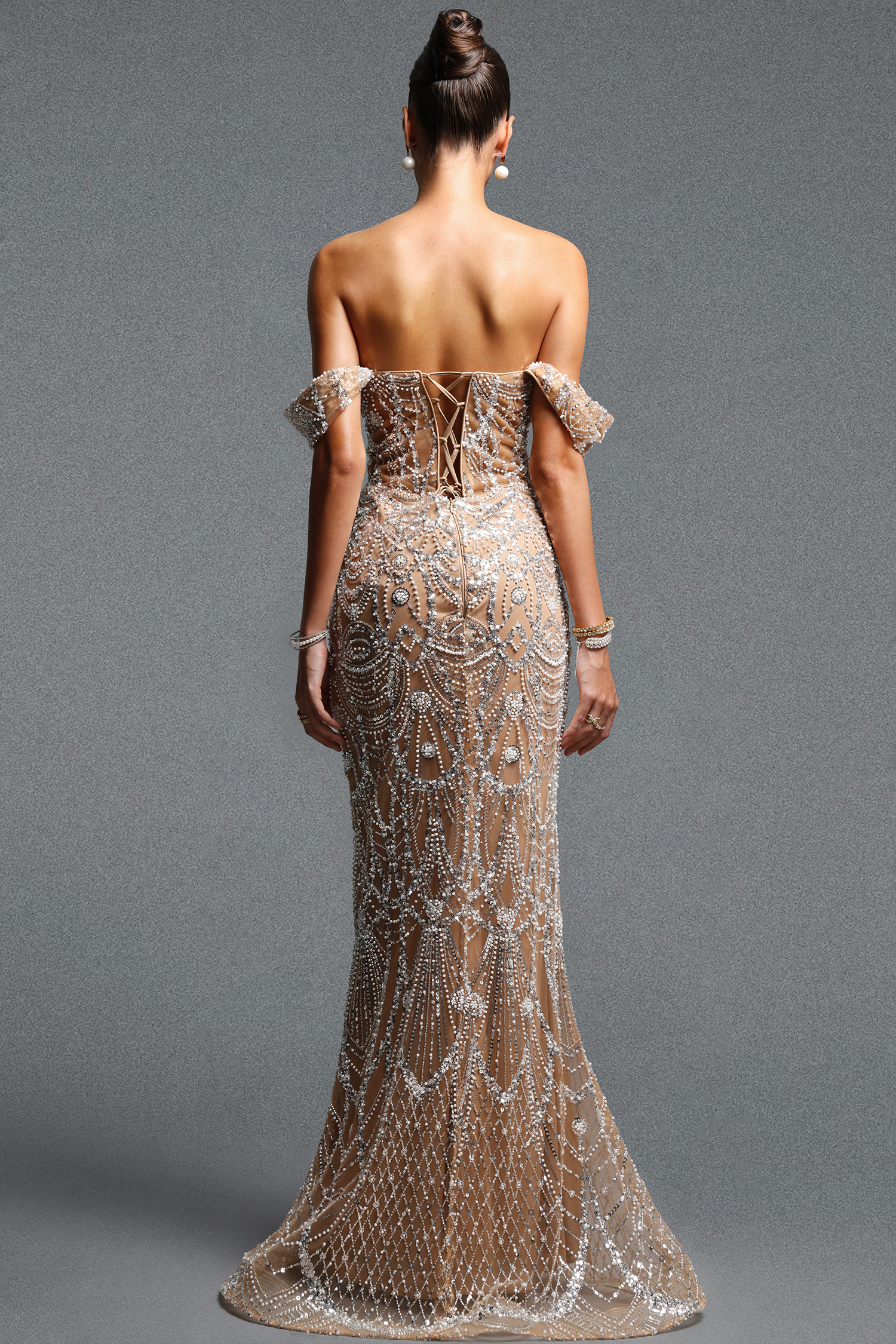 Edan Elegant Contour Off Shoulder Pearl Sequin Maxi Dress