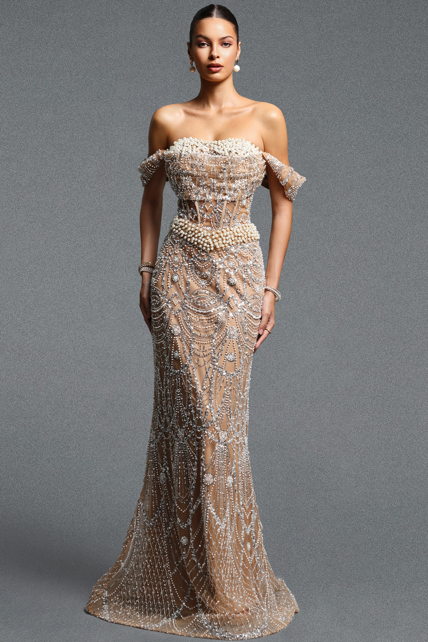 Edan Elegant Contour Off Shoulder Pearl Sequin Maxi Dress