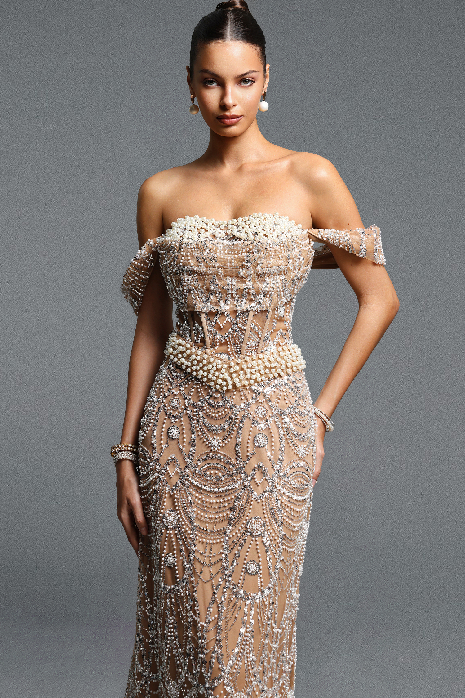 Edan Elegant Contour Off Shoulder Pearl Sequin Maxi Dress