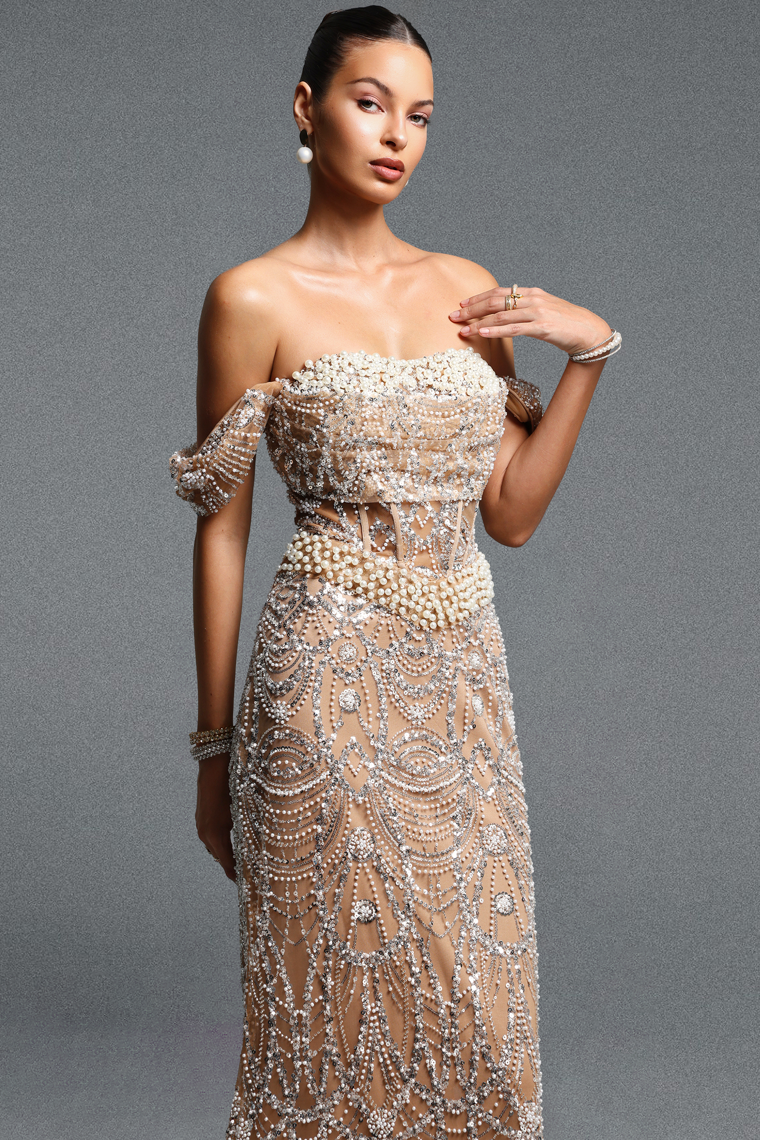 Edan Elegant Contour Off Shoulder Pearl Sequin Maxi Dress