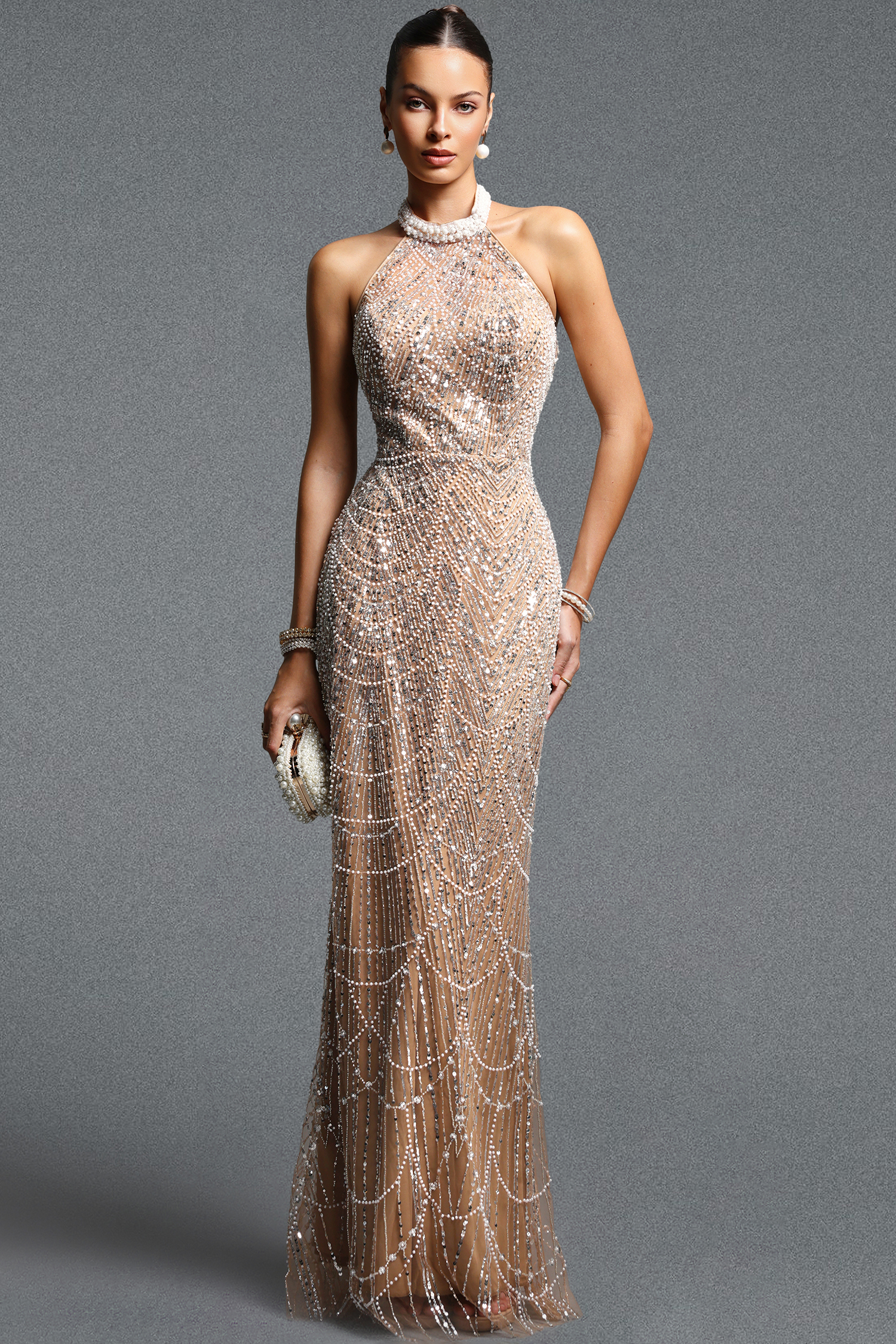 Jesmin Elegant Contour Halter Sequin Pearl Mesh Maxi Dress