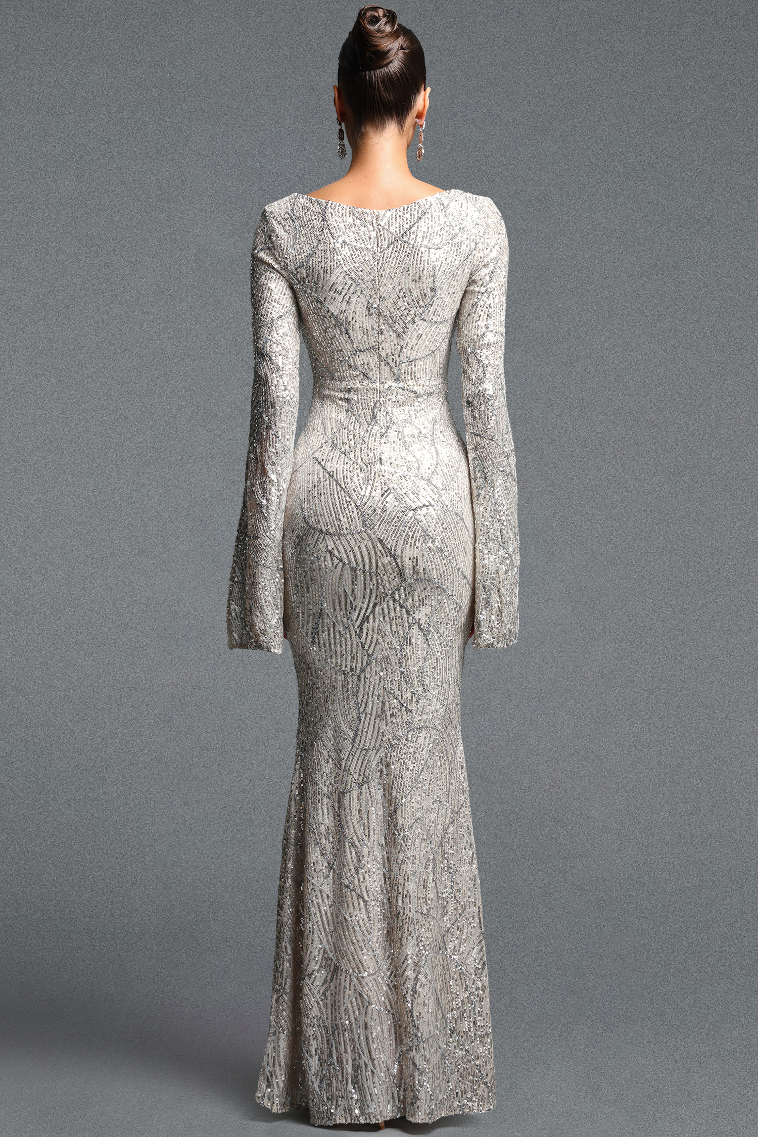 Lucki Elegant Contour V Neck Long Sleeve Sequin Silver Maxi Dress
